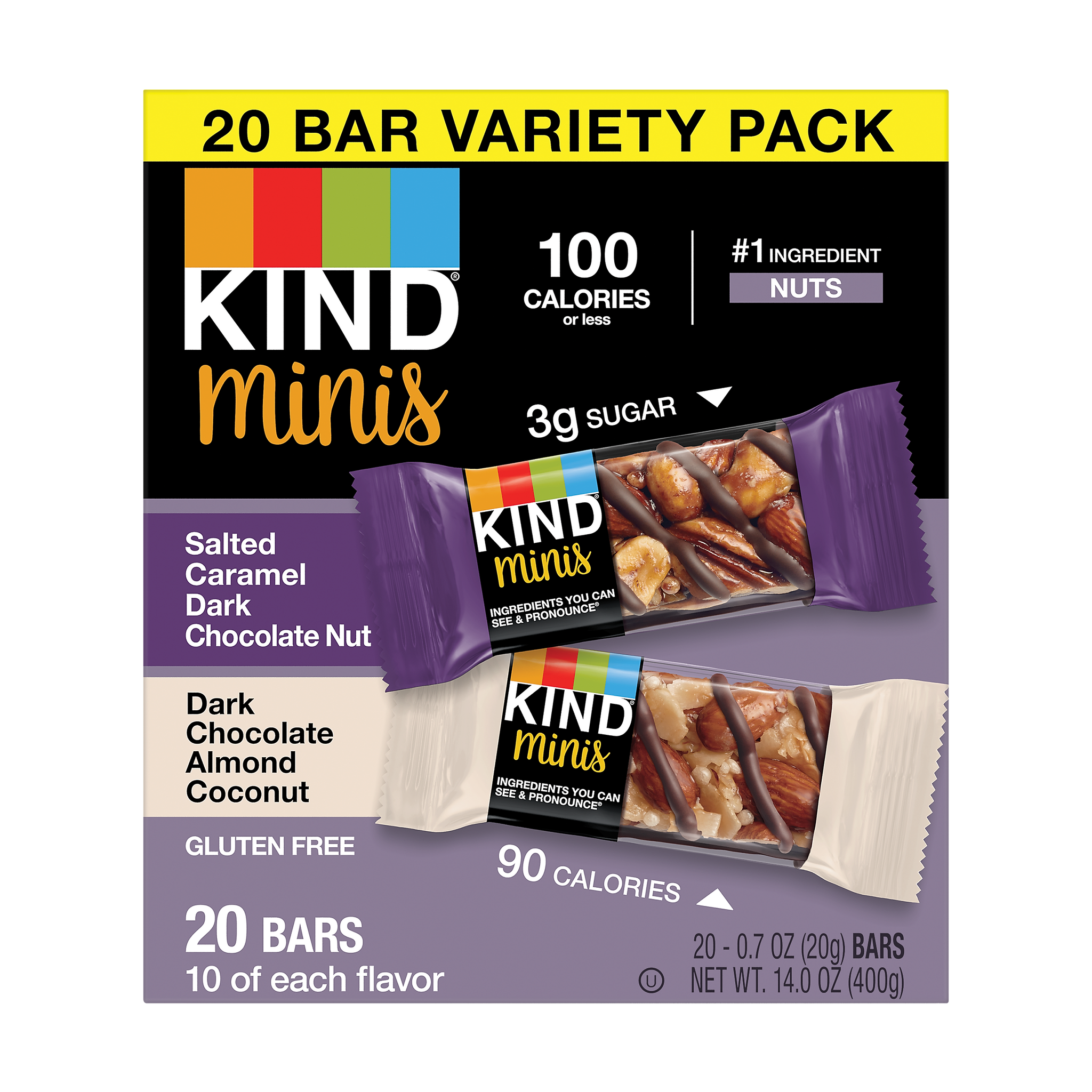 KIND Minis Bars, Salted Caramel Dark Chocolate Nut/Dark Chocolate Almond Coconut, 0.7 Oz., 20/Pack