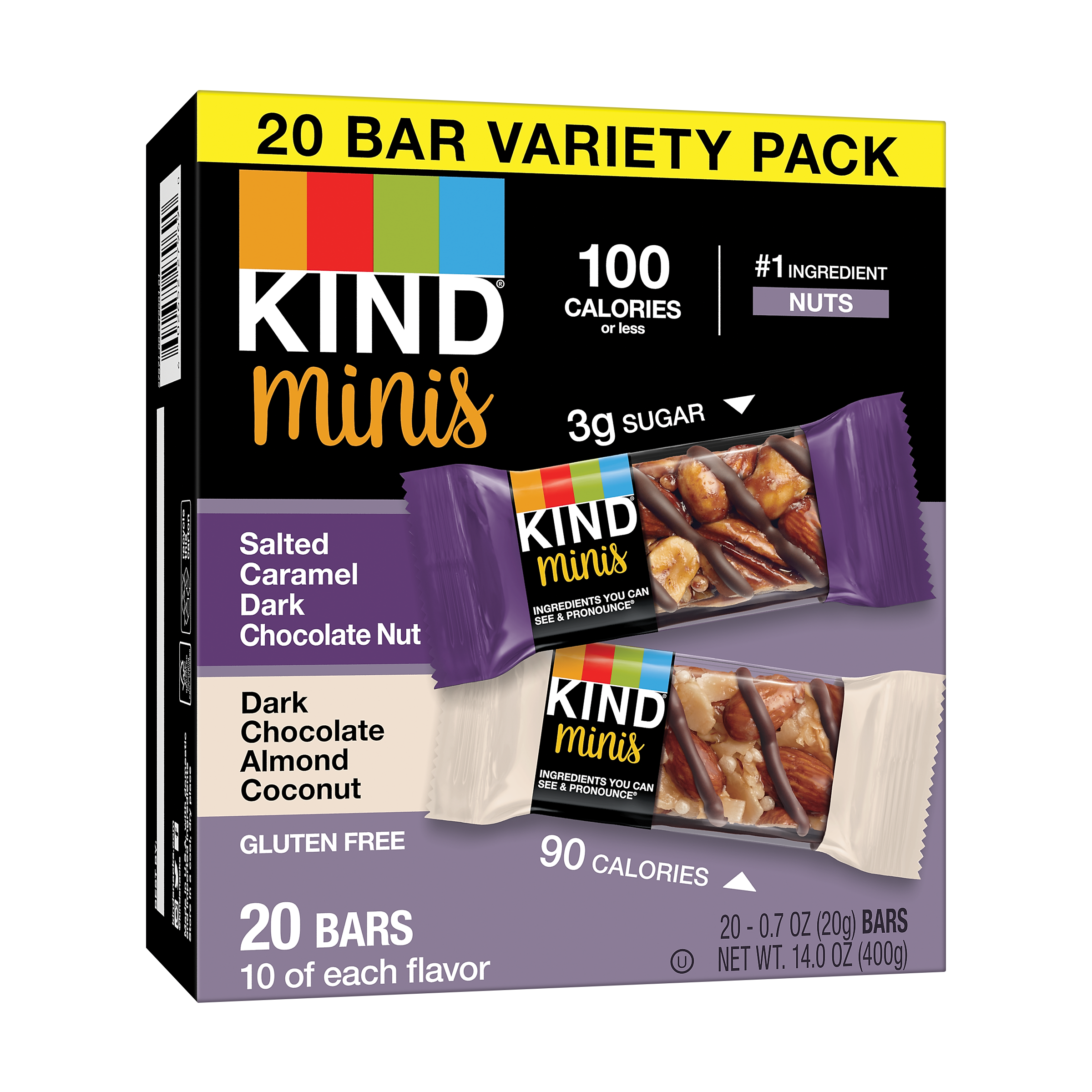 KIND Minis Bars, Salted Caramel Dark Chocolate Nut/Dark Chocolate Almond Coconut, 0.7 Oz., 20/Pack