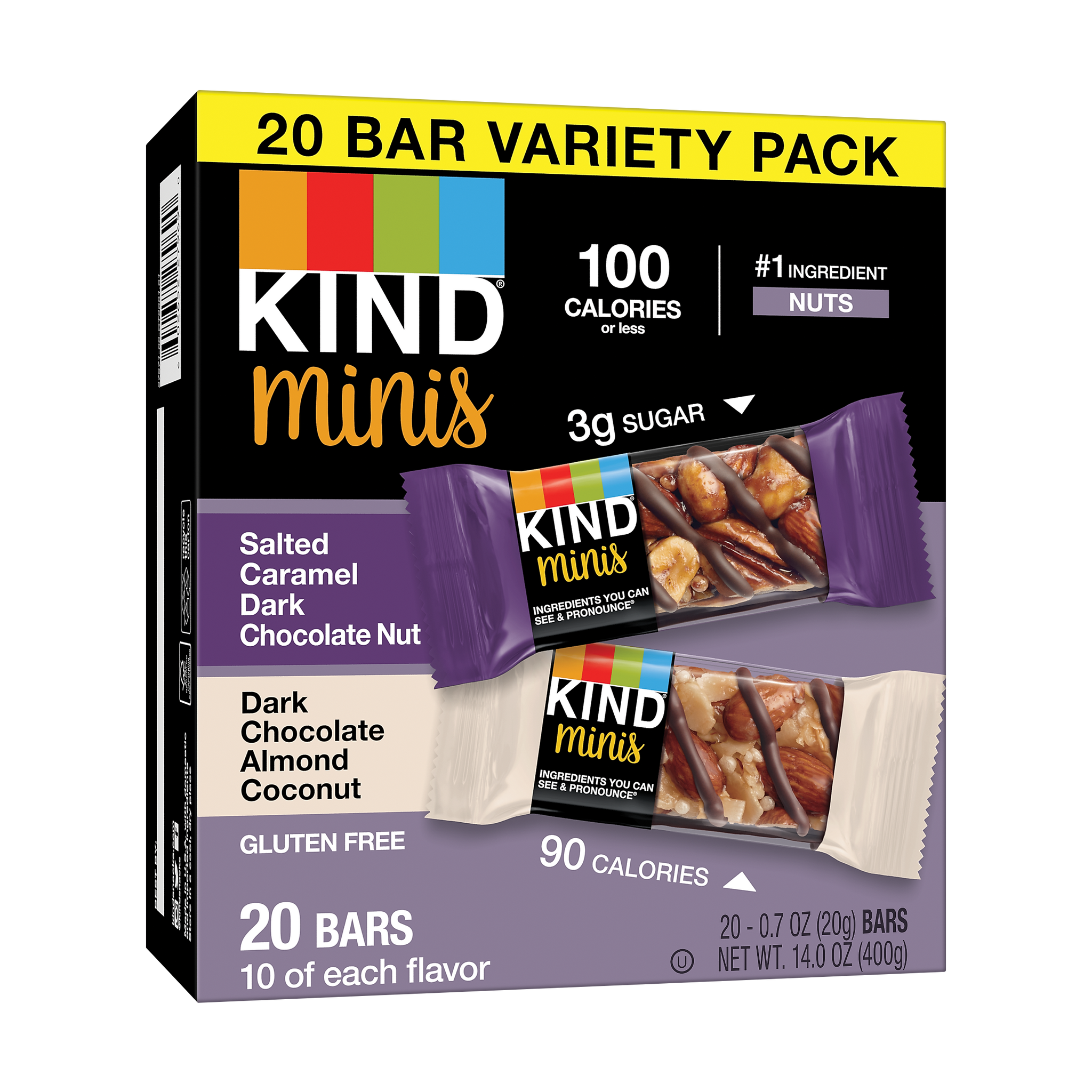 KIND Minis Bars, Salted Caramel Dark Chocolate Nut/Dark Chocolate Almond Coconut, 0.7 Oz., 20/Pack
