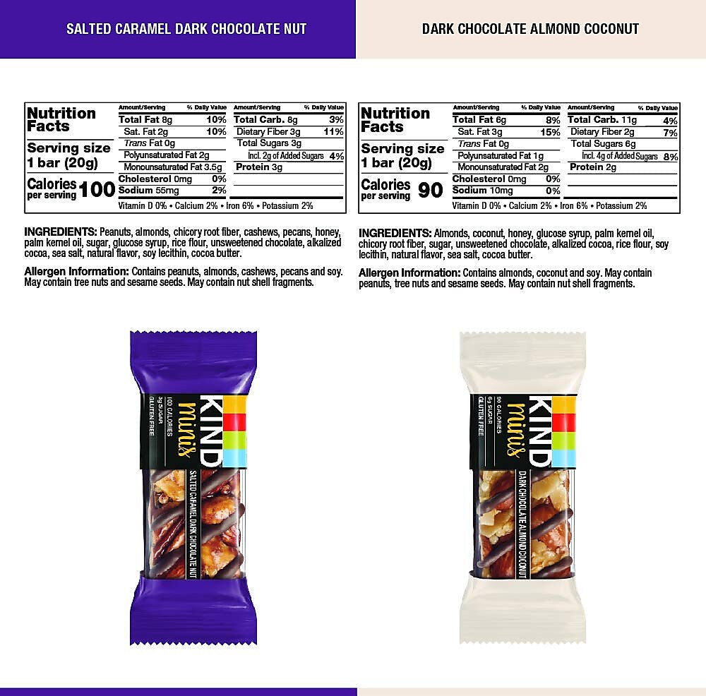 KIND Minis Bars, Salted Caramel Dark Chocolate Nut/Dark Chocolate Almond Coconut, 0.7 Oz., 20/Pack
