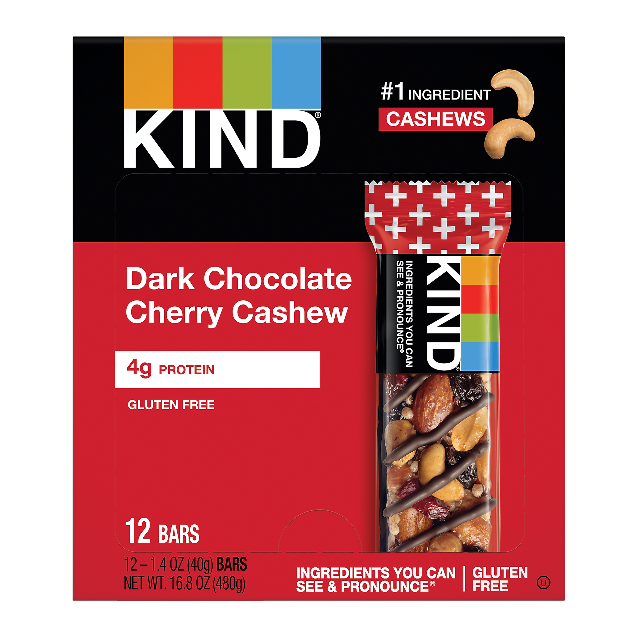 KIND PLUS Gluten Free Dark Chocolate Cherry Cashew Nut Bar, 12 Bars/Box
