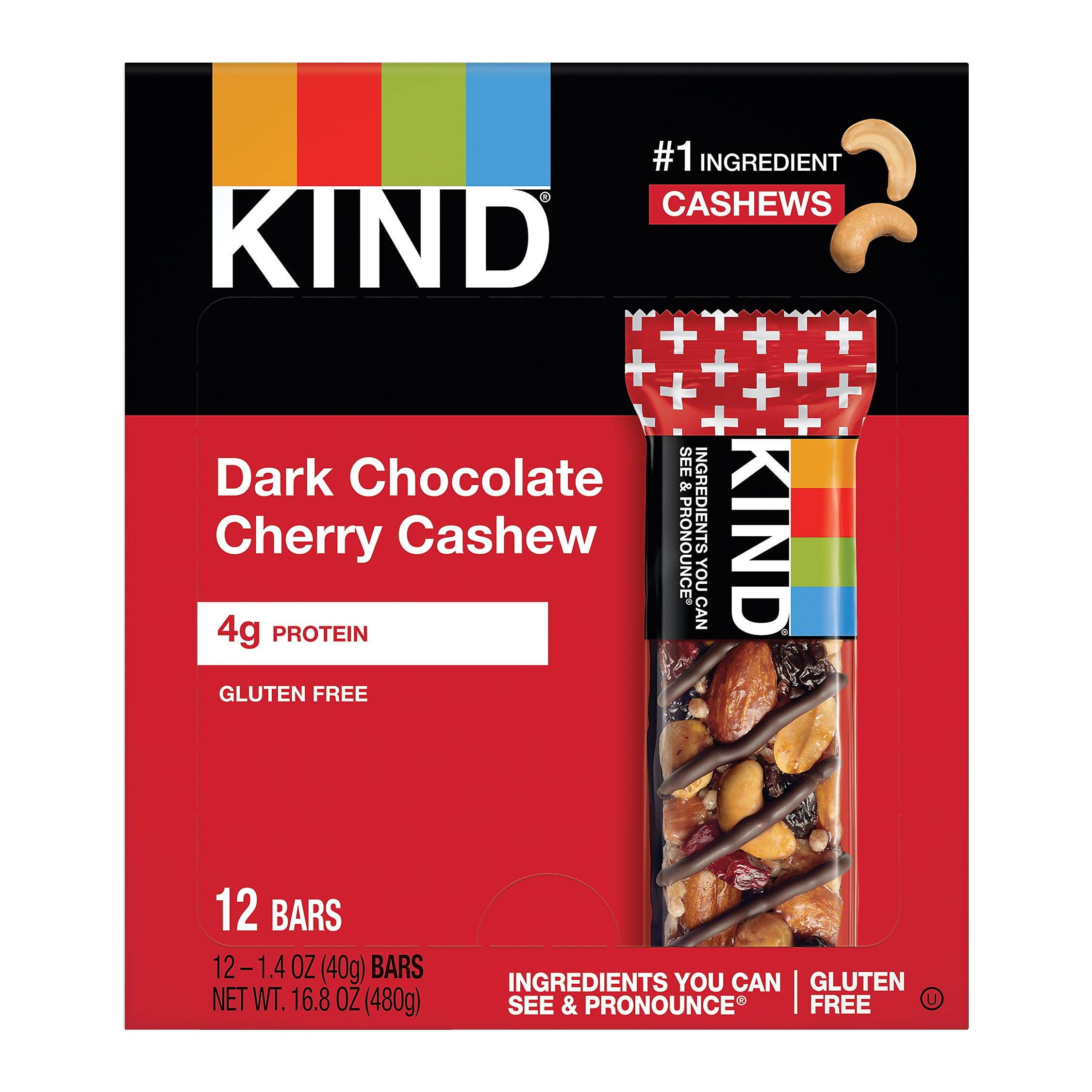 KIND PLUS Gluten Free Dark Chocolate Cherry Cashew Nut Bar, 12 Bars/Box