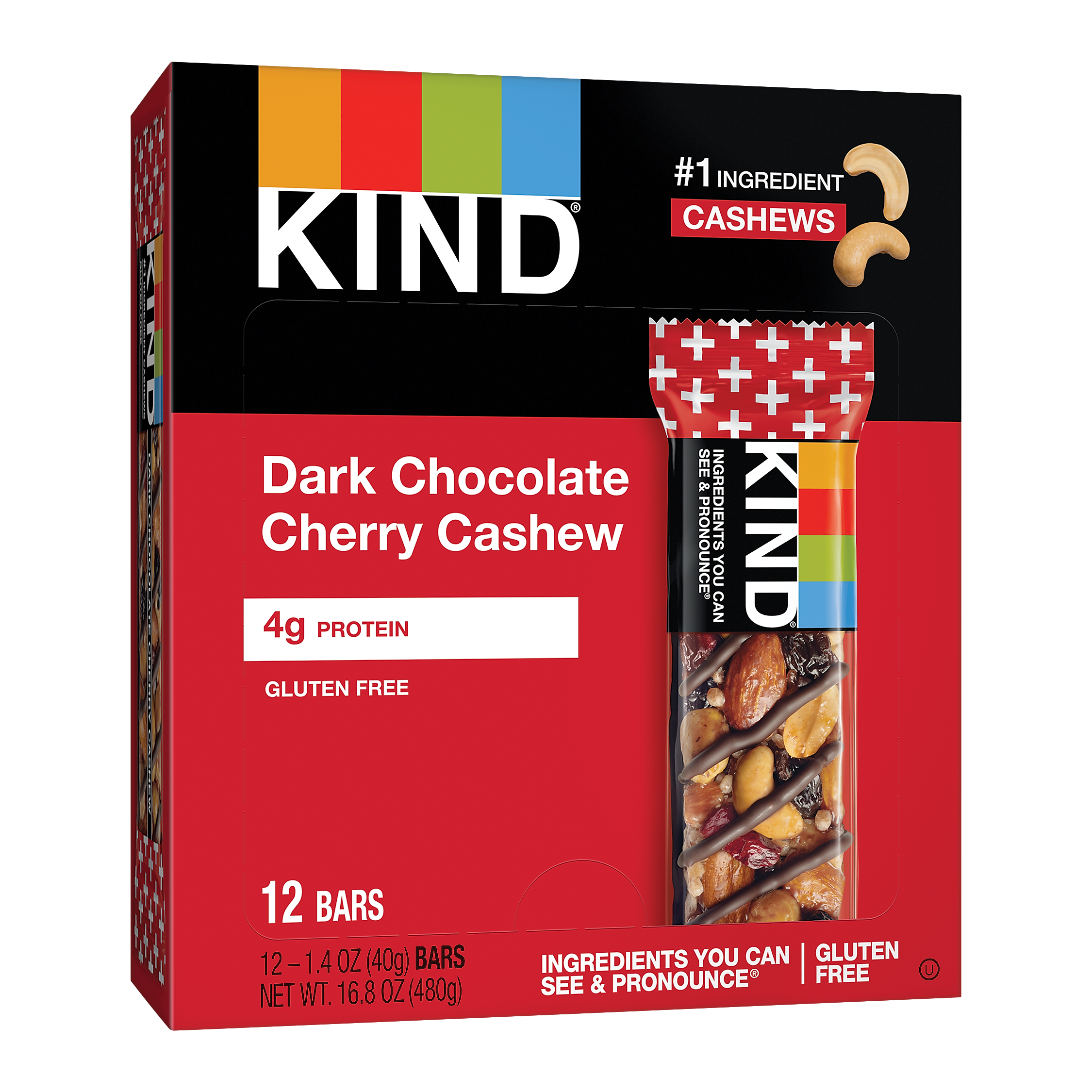 KIND PLUS Gluten Free Dark Chocolate Cherry Cashew Nut Bar, 12 Bars/Box