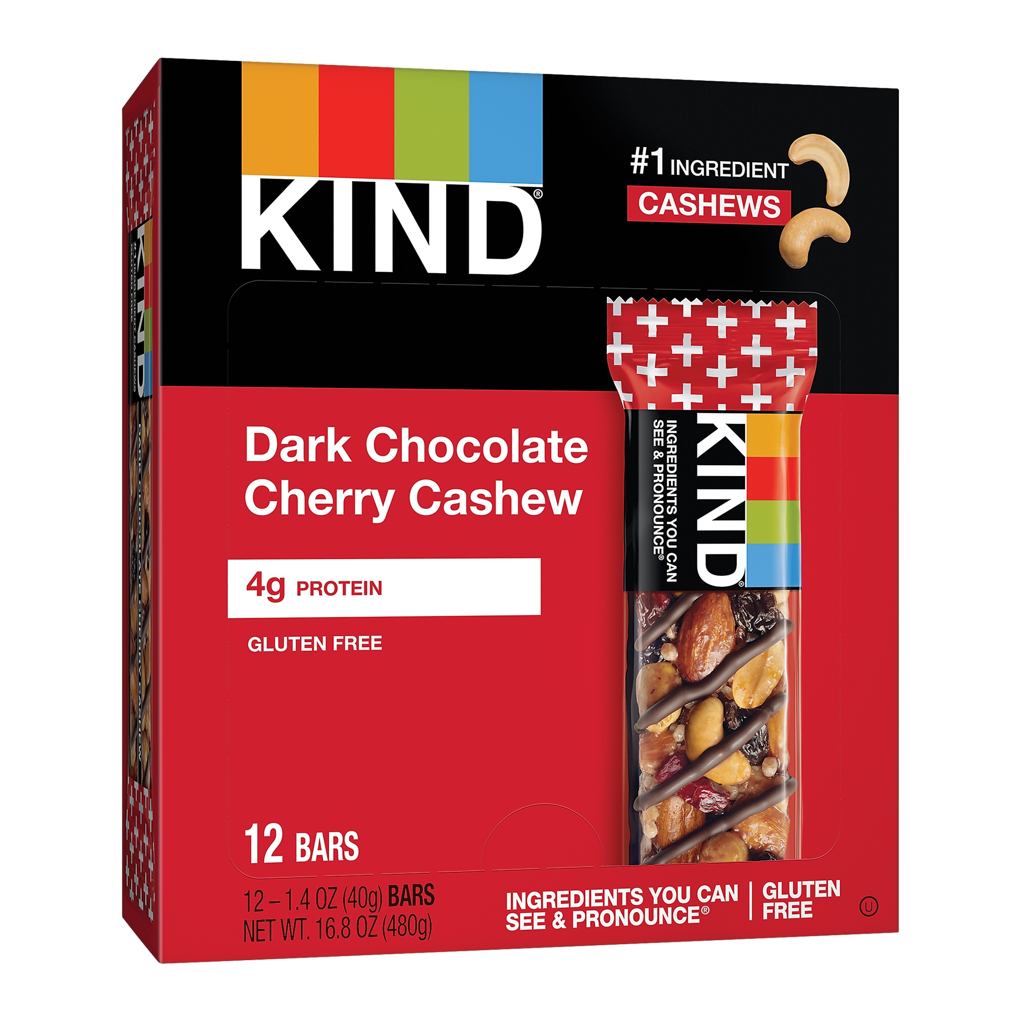 KIND PLUS Gluten Free Dark Chocolate Cherry Cashew Nut Bar, 12 Bars/Box