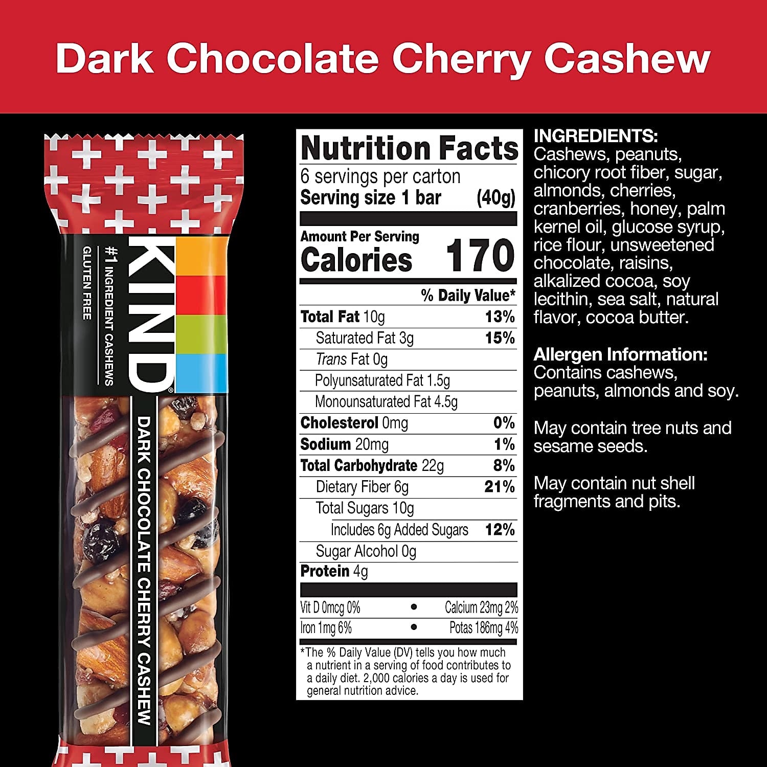 KIND PLUS Gluten Free Dark Chocolate Cherry Cashew Nut Bar, 12 Bars/Box
