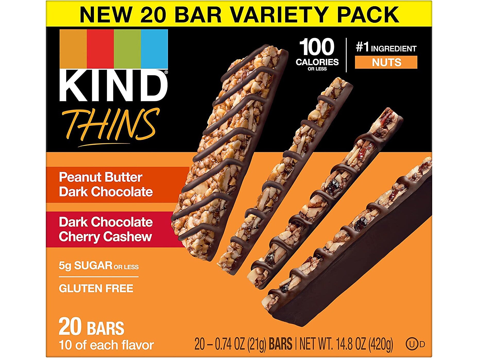 KIND Thins Gluten-Free Bar Variety Pack, 14.8 oz., 20 Bars/Box
