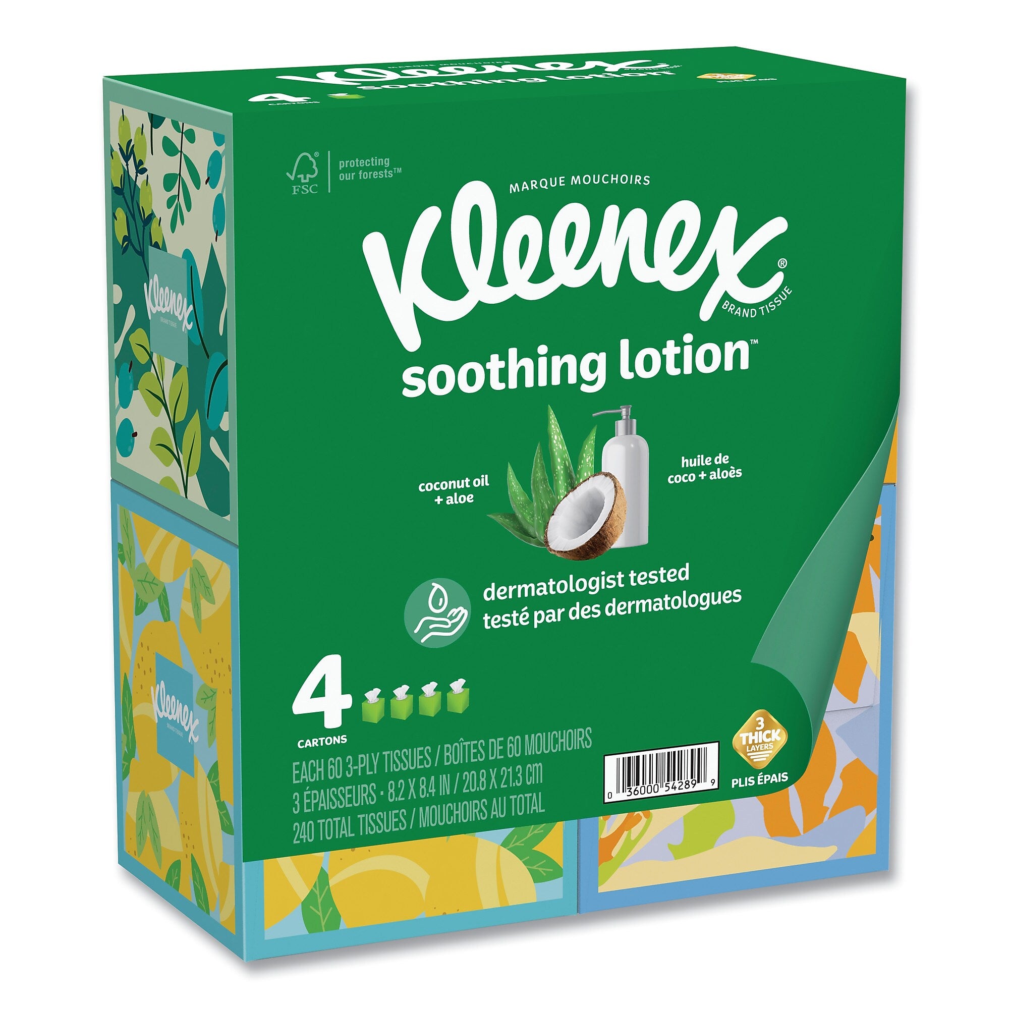 Kleenex Lotion Facial Tissue, 3-Ply, White, 60 Sheets/Box, 4 Boxes/Pack, 8 Packs/Carton