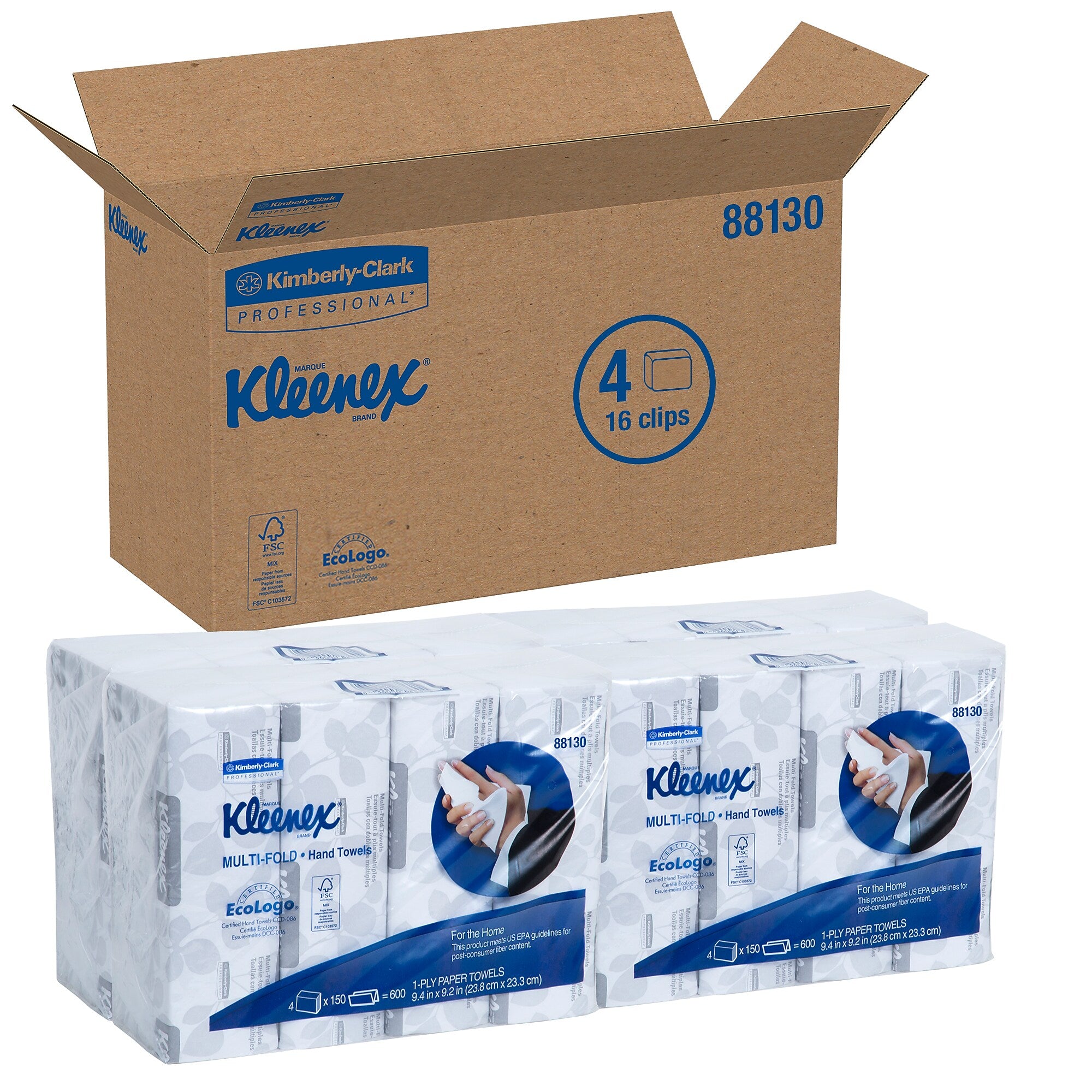 Kleenex Multifold Paper Towels, 1-Ply, 150 Sheets/Pack, 4 Packs/Carton