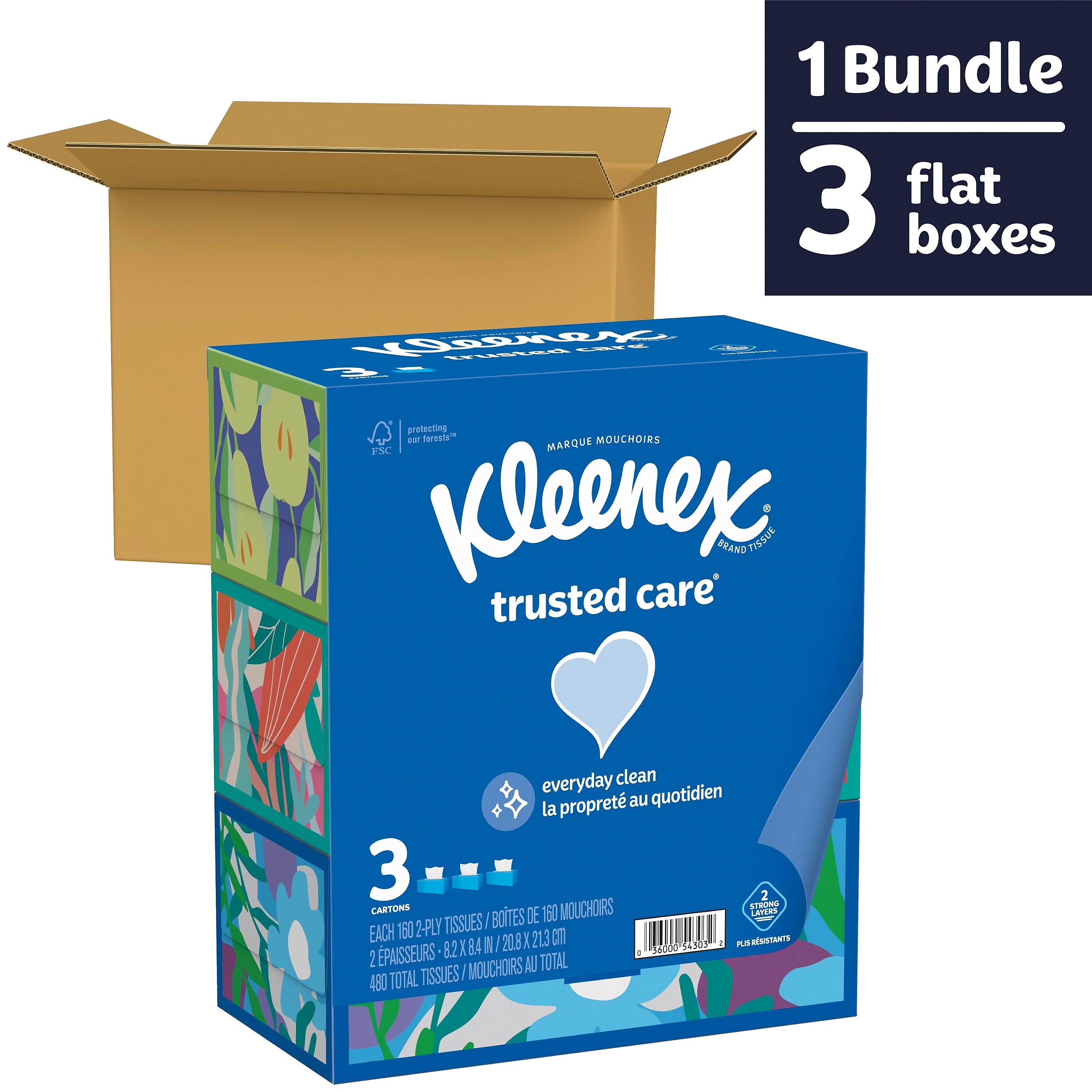 Kleenex Standard Facial Tissue, 2-Ply, 160 Sheets/Box, 3 Boxes/Pack