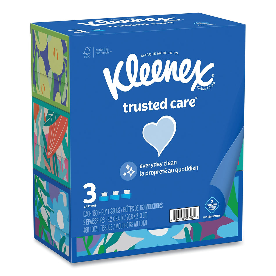 Kleenex Trusted Care Facial Tissue, 2-Ply, White, 160 Sheets/Box, 3 Boxes/Pack, 12 Packs/Carton