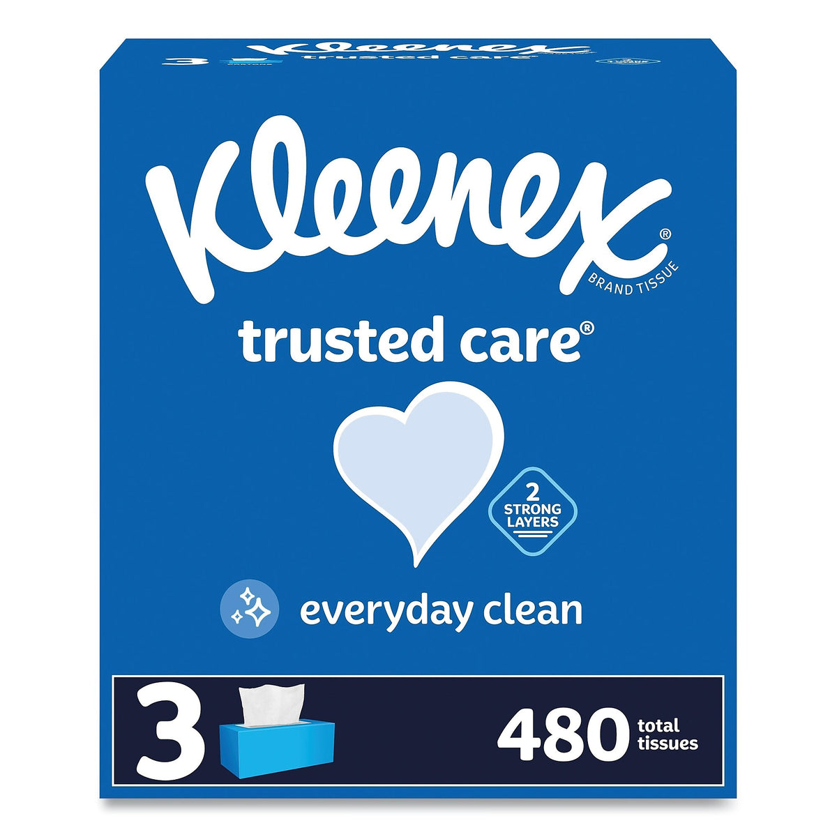 Kleenex Trusted Care Facial Tissue, 2-Ply, White, 160 Sheets/Box, 3 Boxes/Pack, 12 Packs/Carton