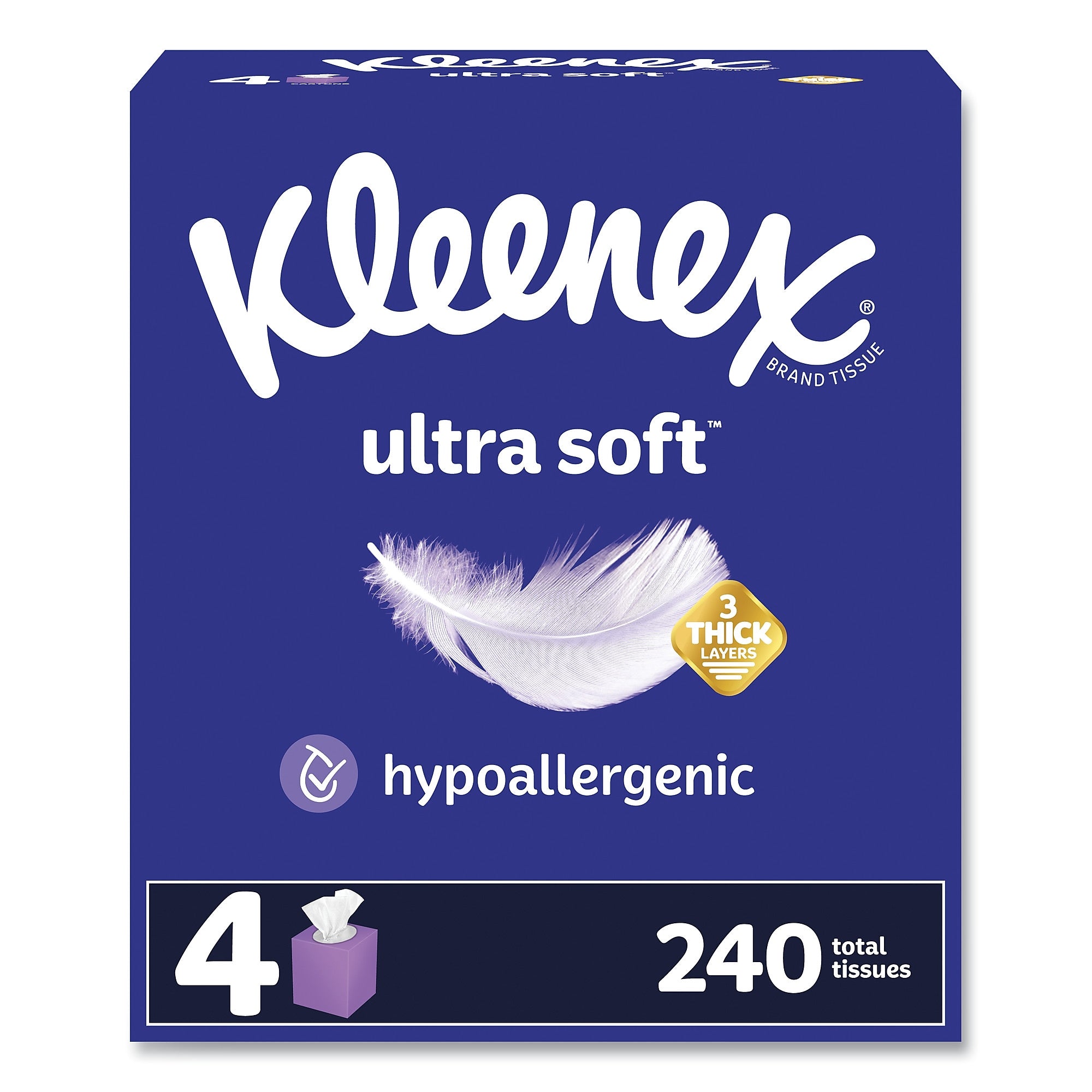 Kleenex Ultra Soft Facial Tissue, 3-Ply, White, 60 Sheets/Box, 4 Boxes/Pack, 3 Packs/Carton
