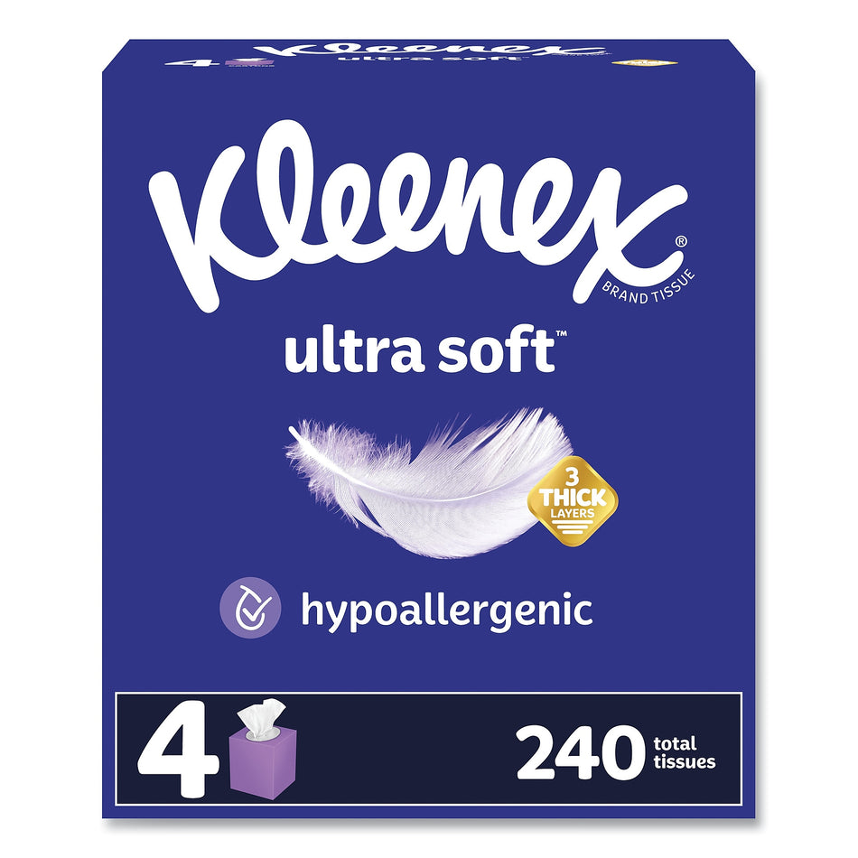 Kleenex Ultra Soft Facial Tissue, 3-Ply, White, 60 Sheets/Box, 4 Boxes/Pack, 3 Packs/Carton