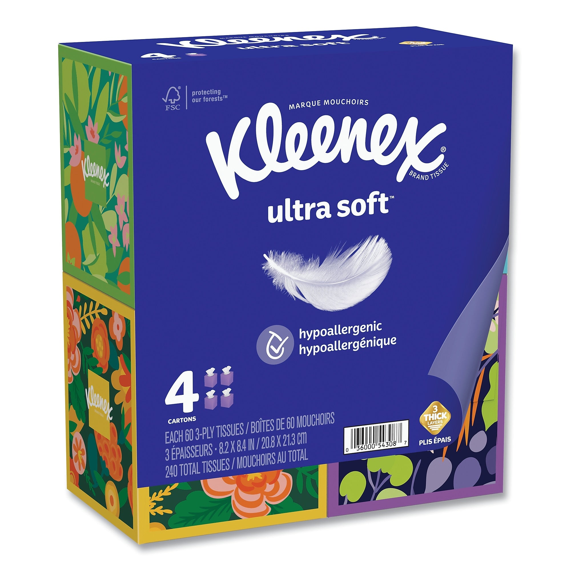 Kleenex Ultra Soft Facial Tissue, 3-Ply, White, 60 Sheets/Box, 4 Boxes/Pack, 3 Packs/Carton