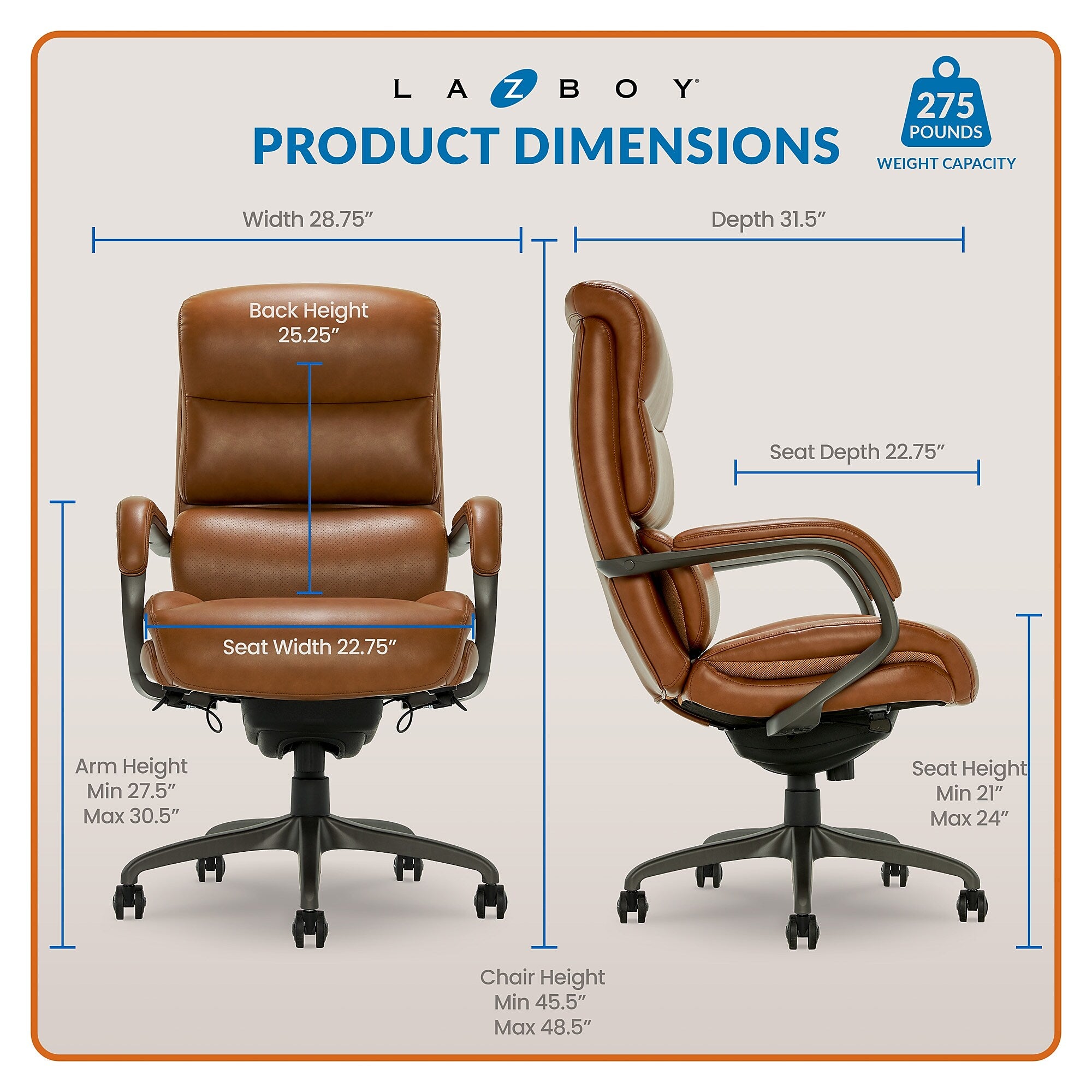 La-Z-Boy Aberdeen Ergonomic Bonded Leather Swivel Computer and Desk Chair, Camel