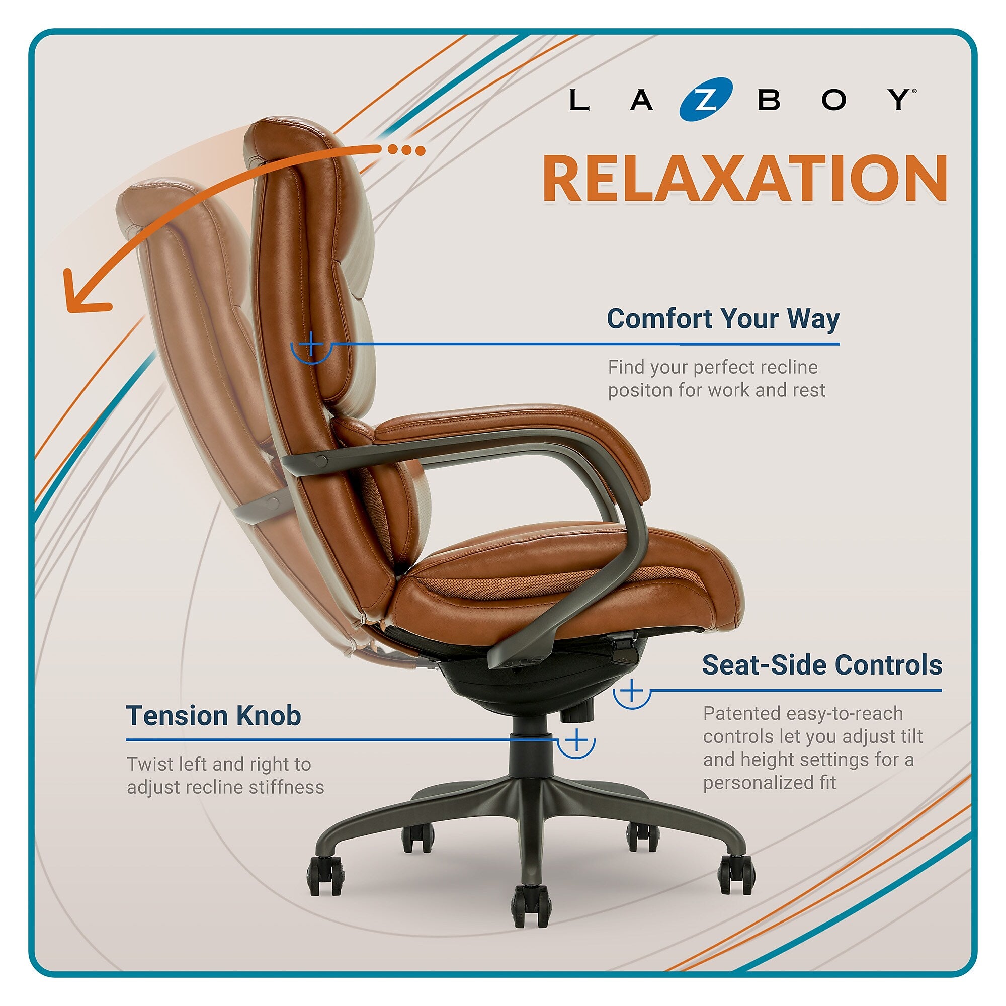 La-Z-Boy Aberdeen Ergonomic Bonded Leather Swivel Computer and Desk Chair, Camel