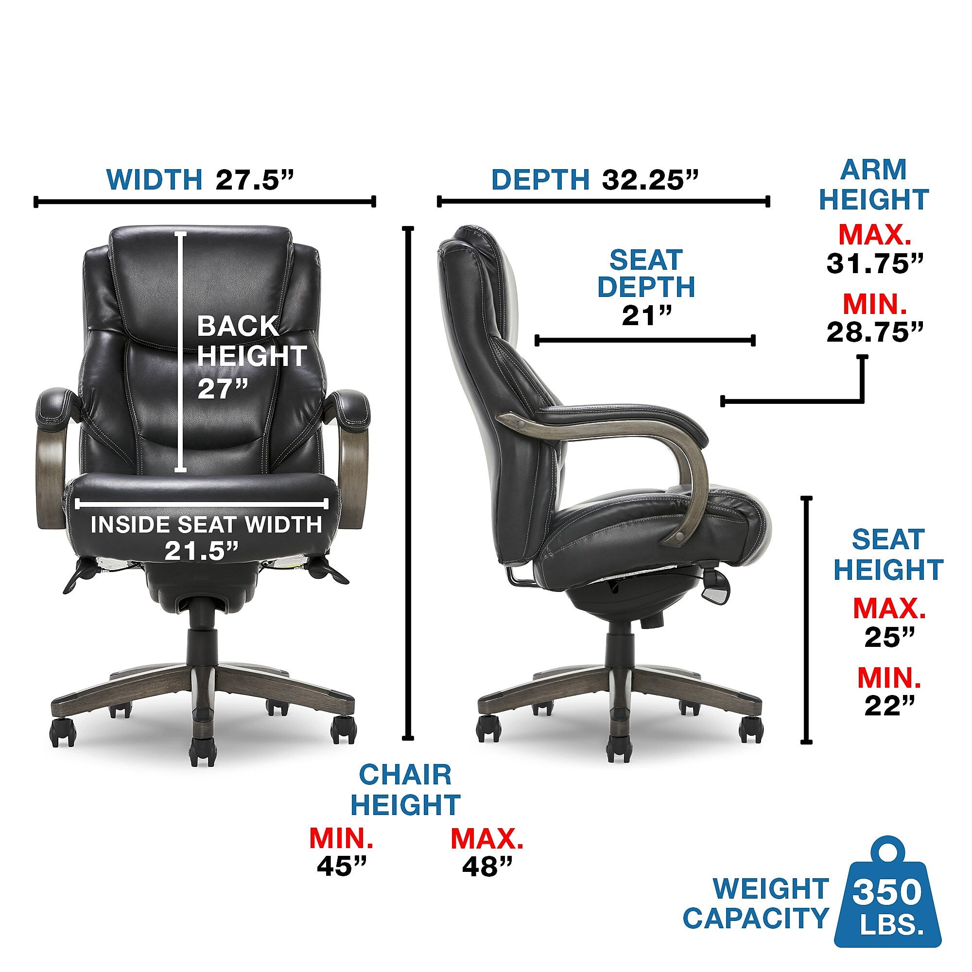 La-Z-Boy Delano Ergonomic Leather Executive Big & Tall Chair, 400 lb. Capacity, Jet Black/Gray