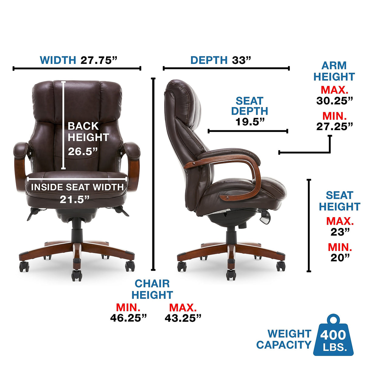 La-Z-Boy Fairmont Ergonomic Faux Leather Executive Big & Tall Chair, 400 lb. Capacity, Biscuit Brown