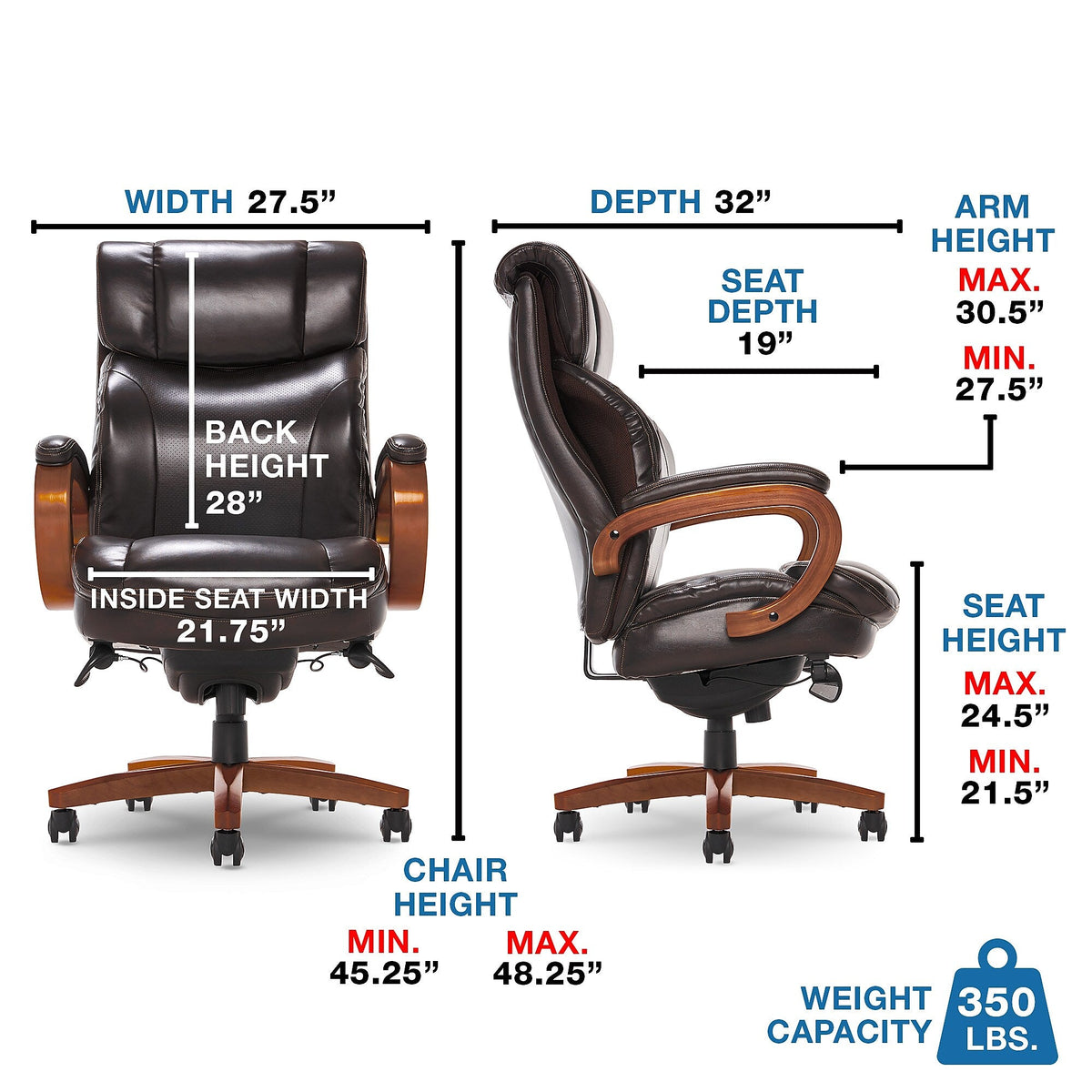 La-Z-Boy Trafford Faux Leather Executive Big & Tall Chair, 400 lb. Capacity, Vino Brown