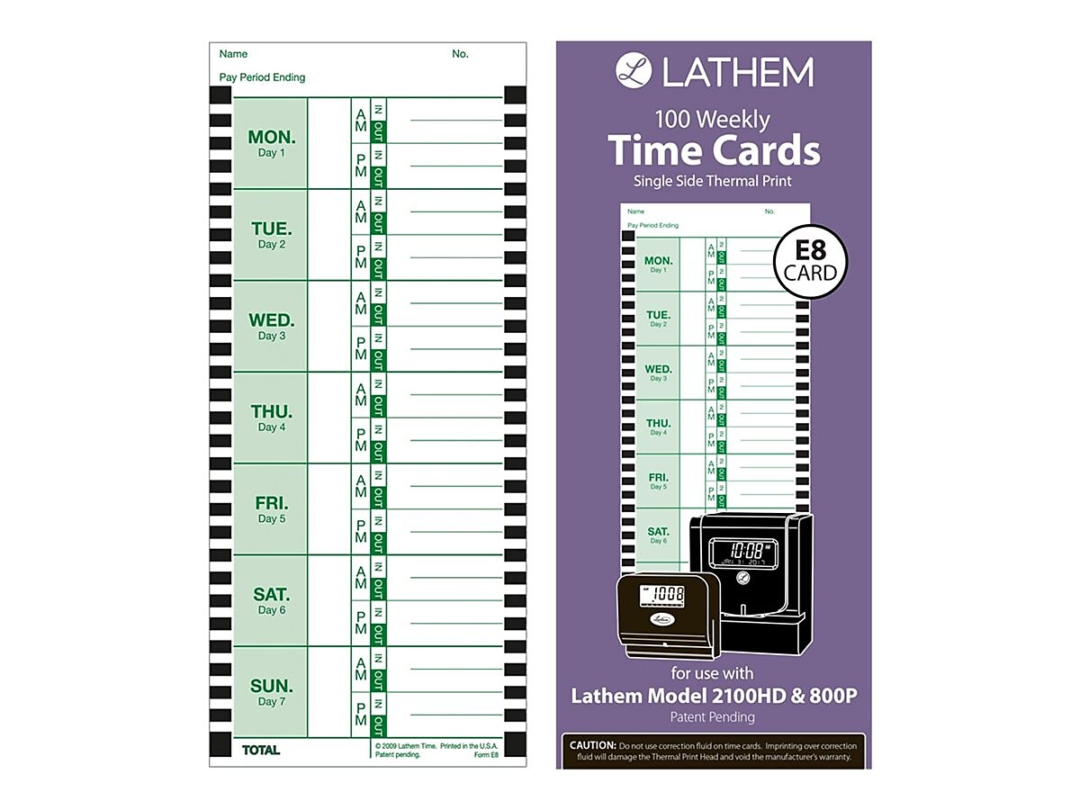 Lathem Time Cards for 2100HD/800P Time Clocks, 100/Box