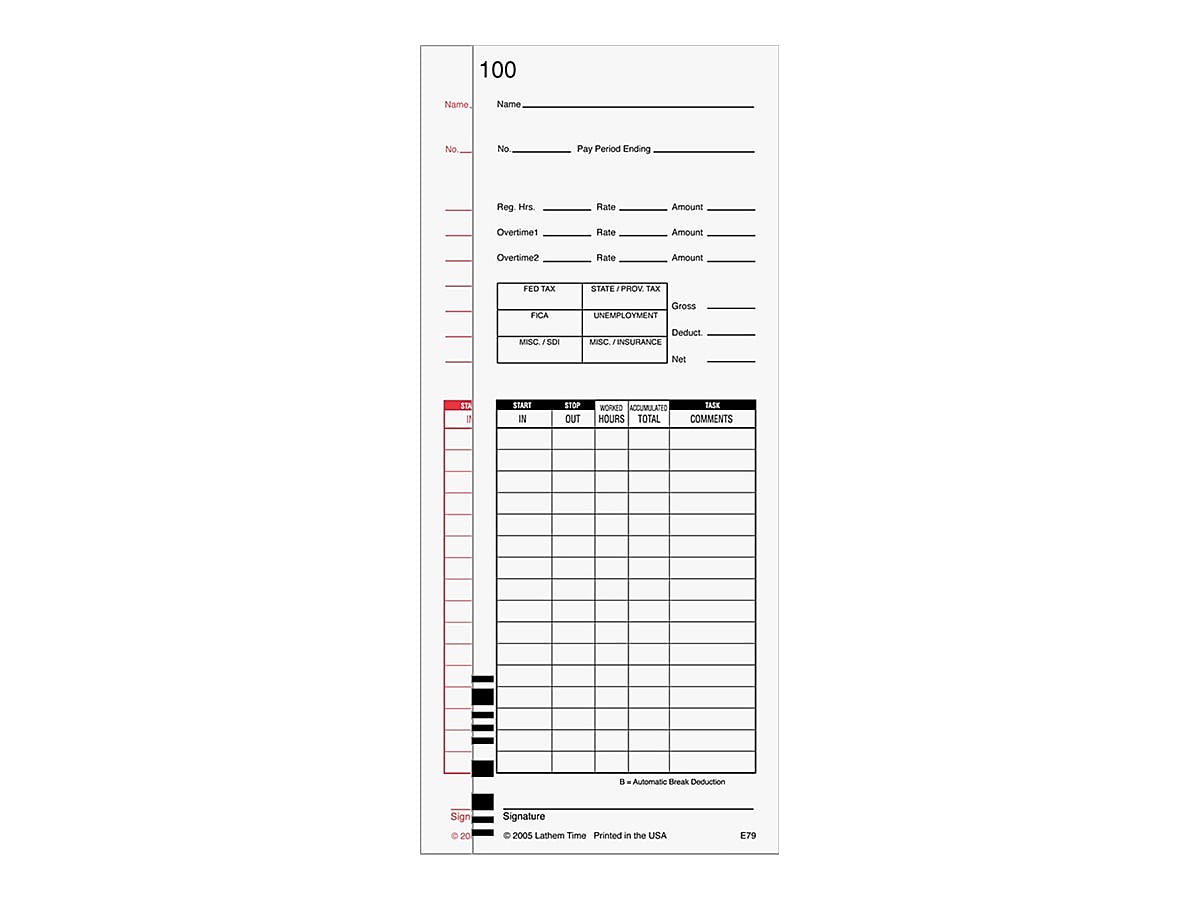 Lathem Time Cards for 7000E and 7500E Time Clocks, 100/Pack