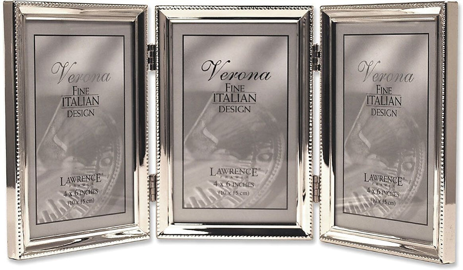 Lawrence Frames Polished Silver Plate 4"x 6" Hinged Triple Picture Frame - Bead Border Design