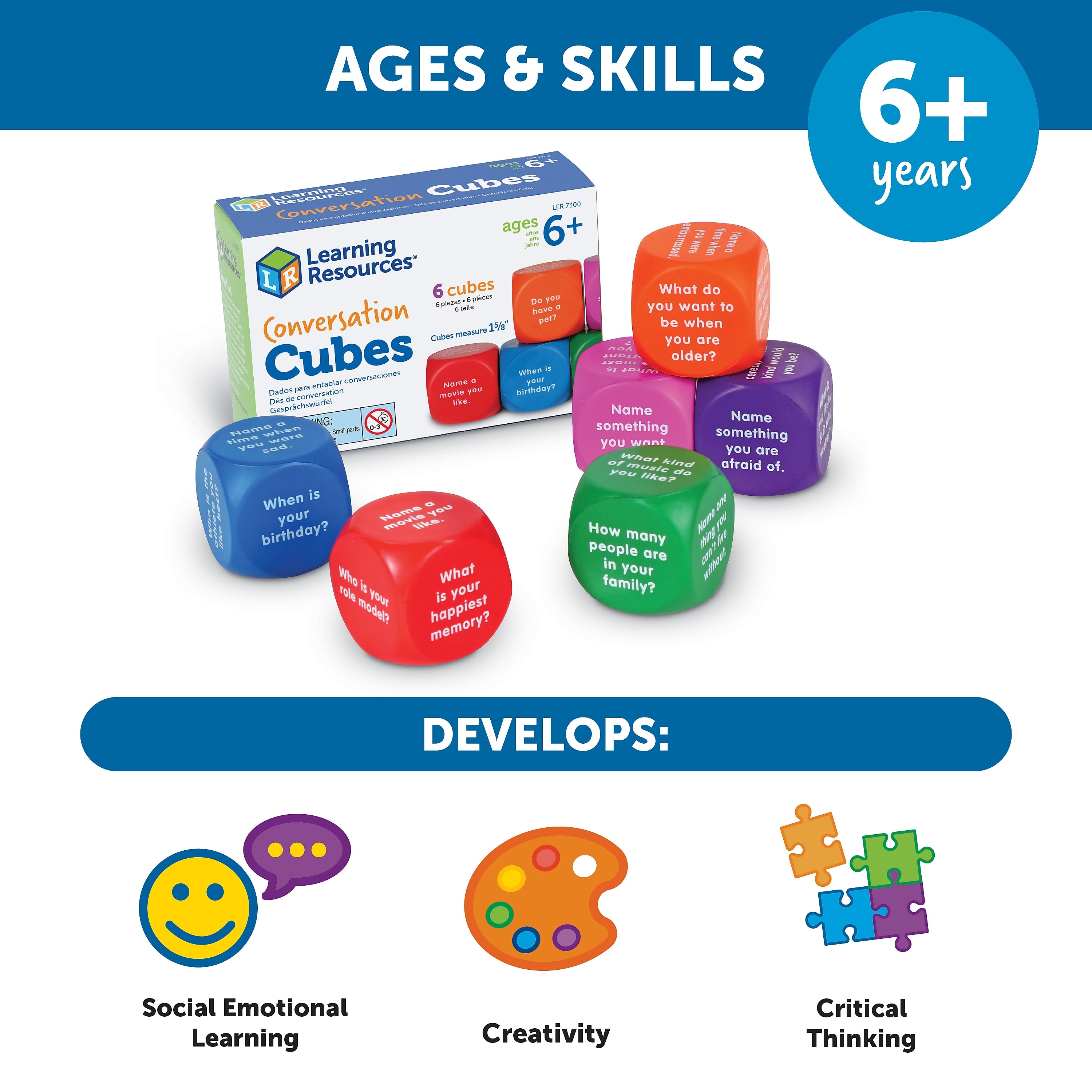 Learning Resources Conversation Cubes, Social Emotional Learning, Assorted Colors, 6 Pieces