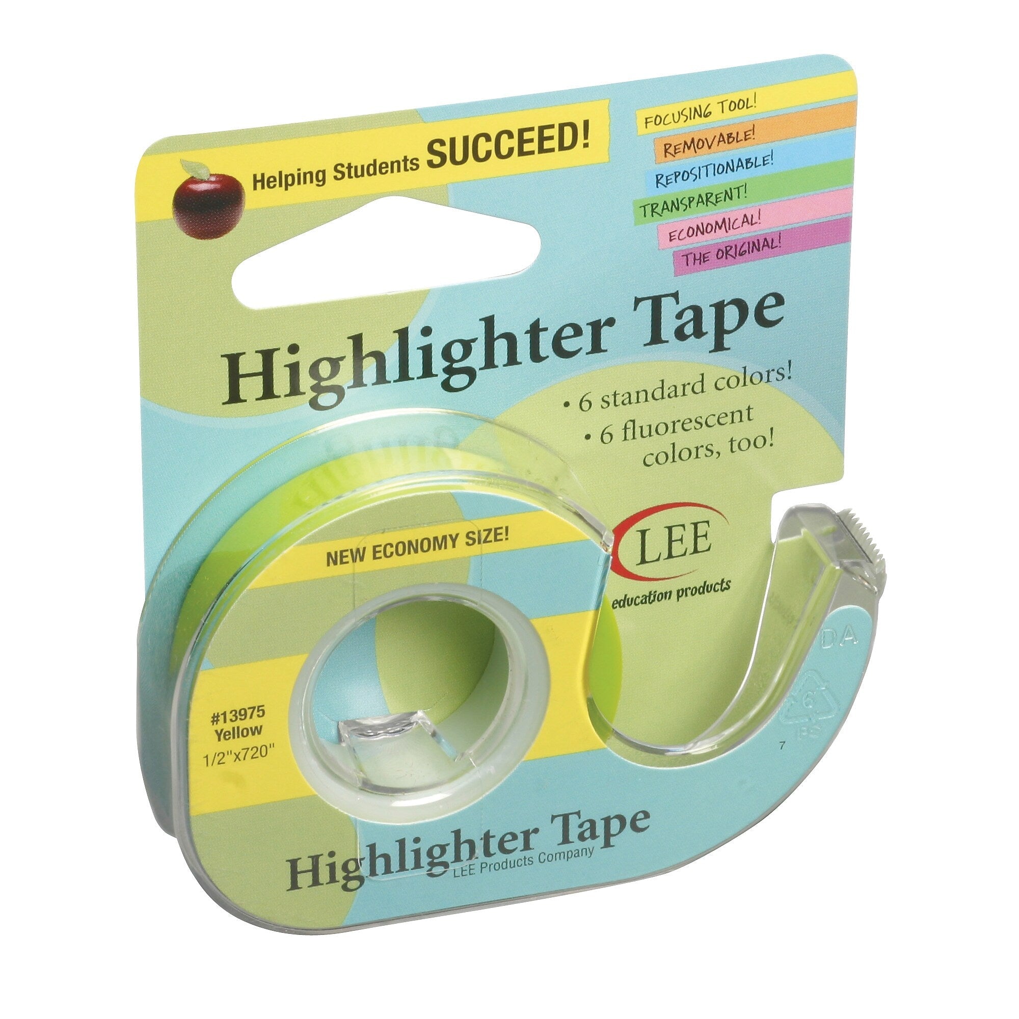 Lee Products Removable Highlighter Tape, 1/2" x 20 yds., Yellow, Pack of 6