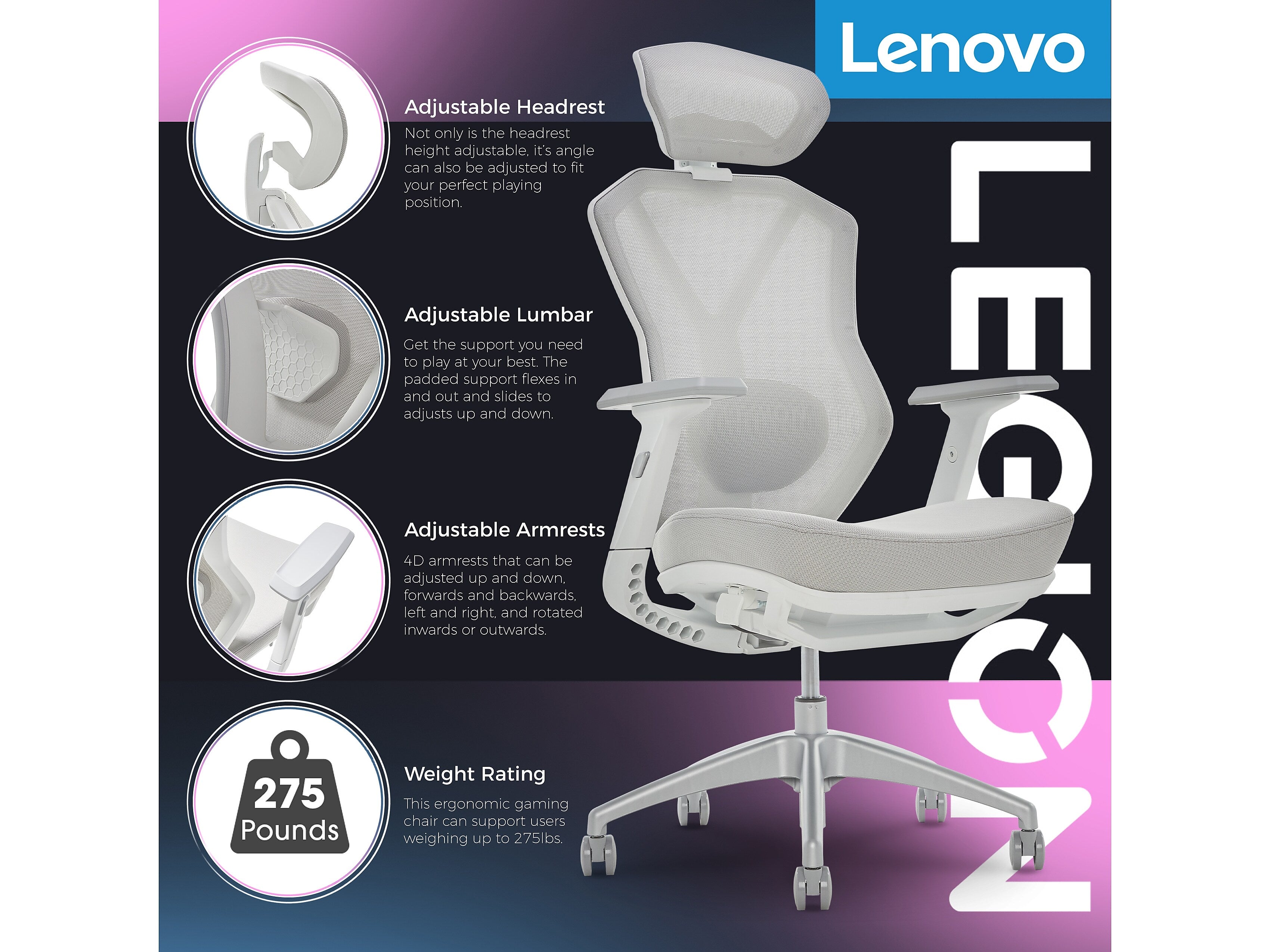 Lenovo Legion Mesh Ergonomic Racing Gaming Chair, Light Gray