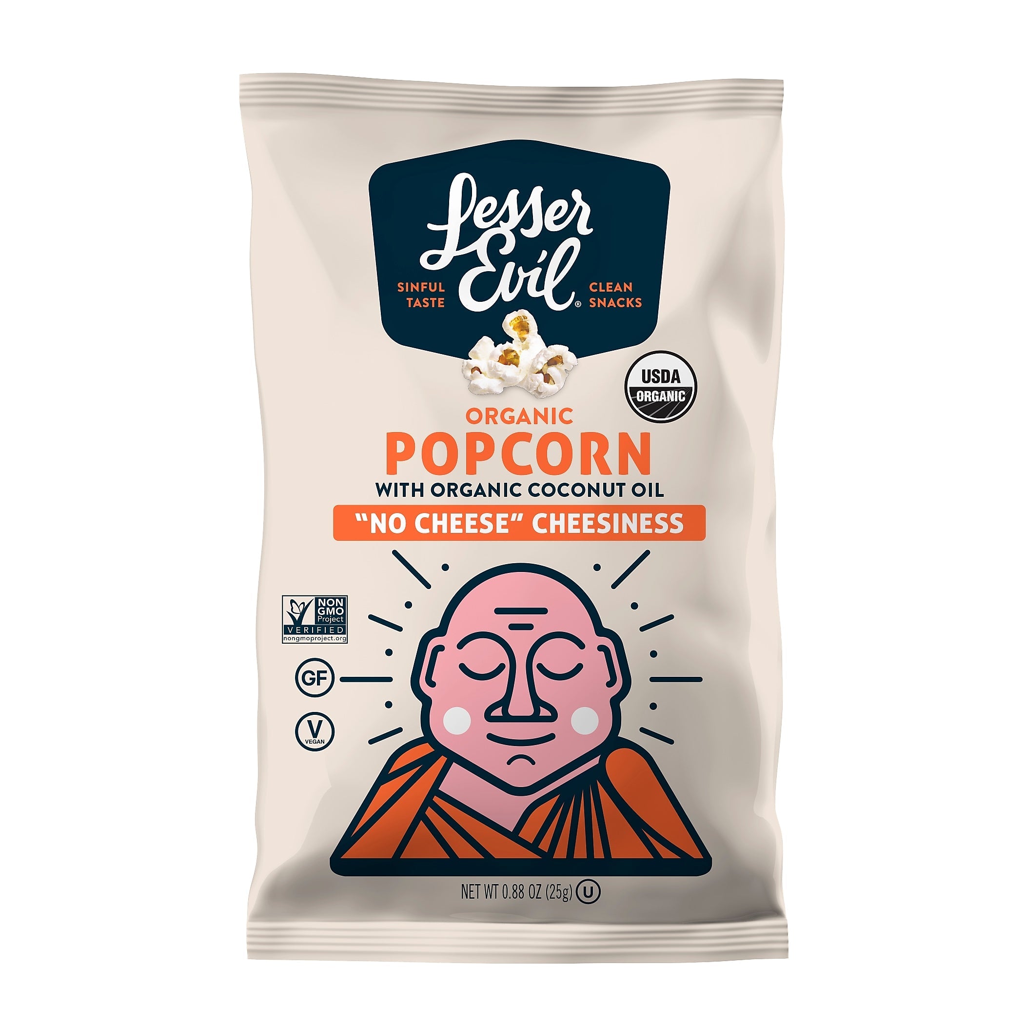 Lesser Evil Snack Organic No Cheese Cheesiness Popcorn, .88 oz., 18/Box