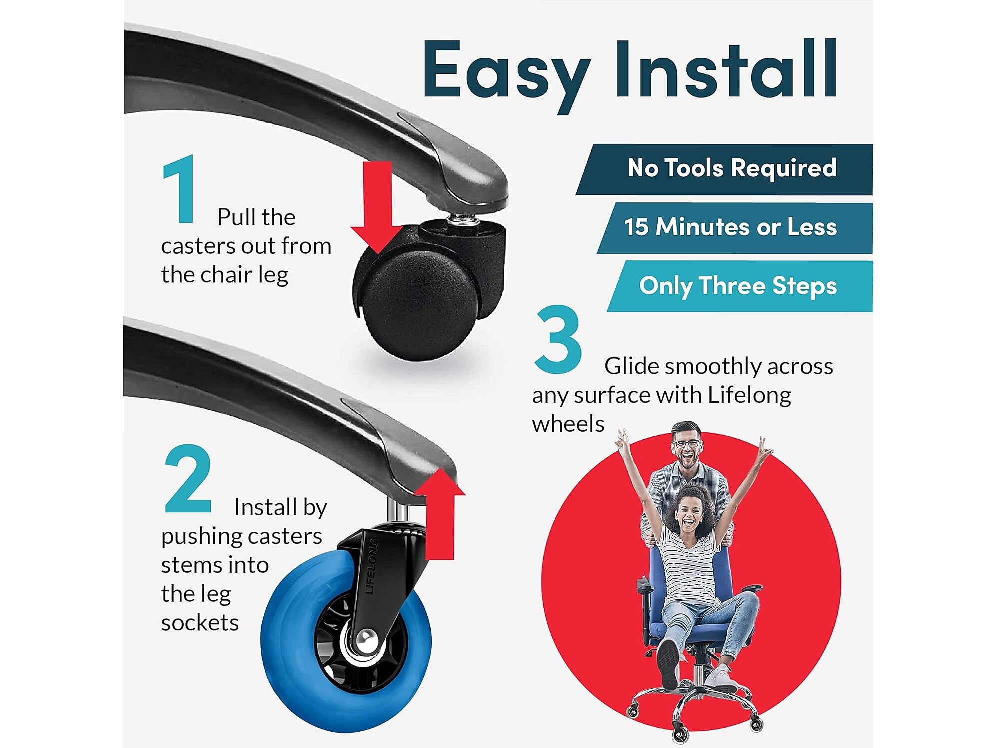 Lifelong Wheels Chair Caster, Blue/Black, 5/Set