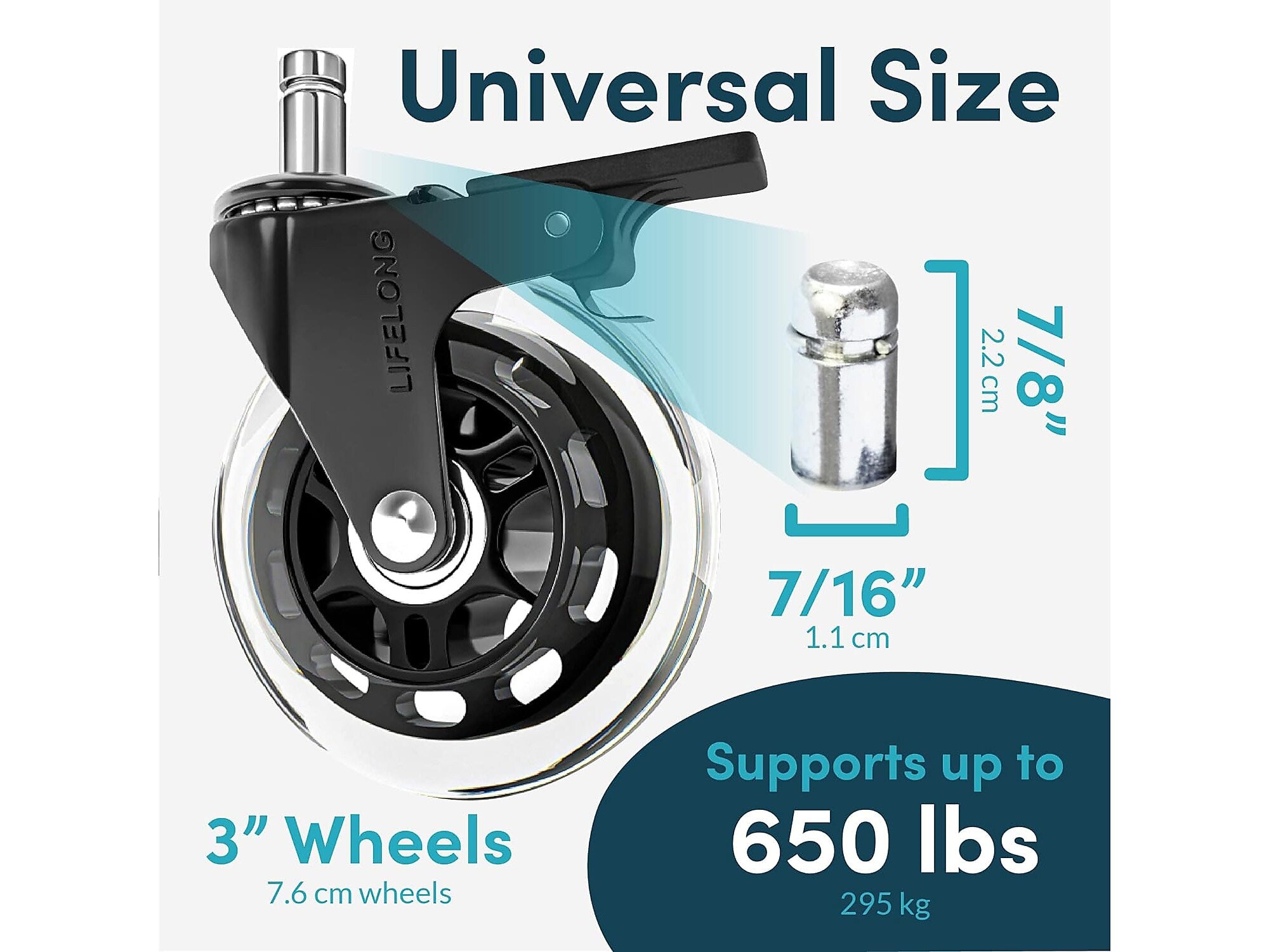 Lifelong Wheels Chair Caster, Clear/Black, 5/Set
