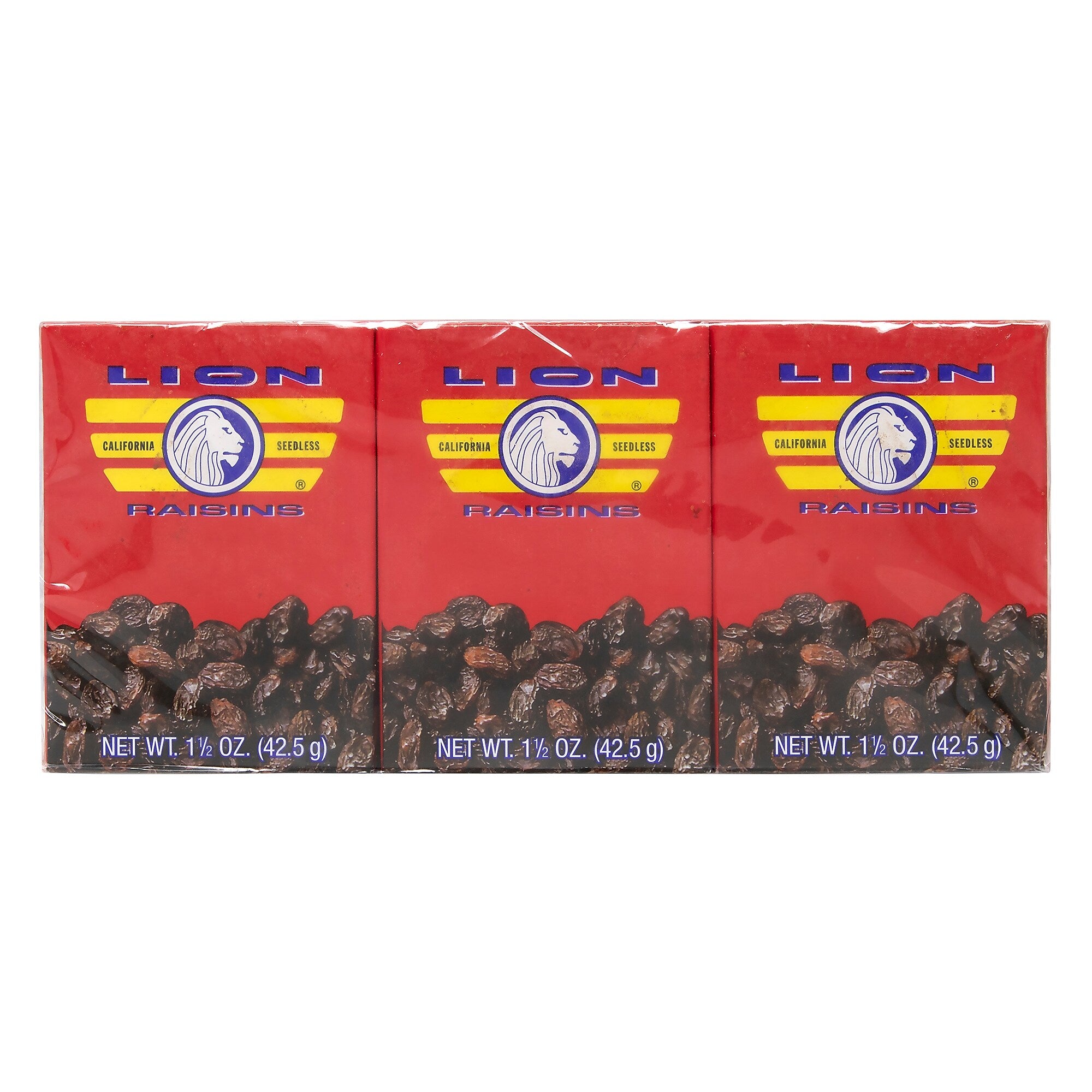 Lion California Seedless Raisins, 1.5 oz., 3 Packs/Box, 36/Pack