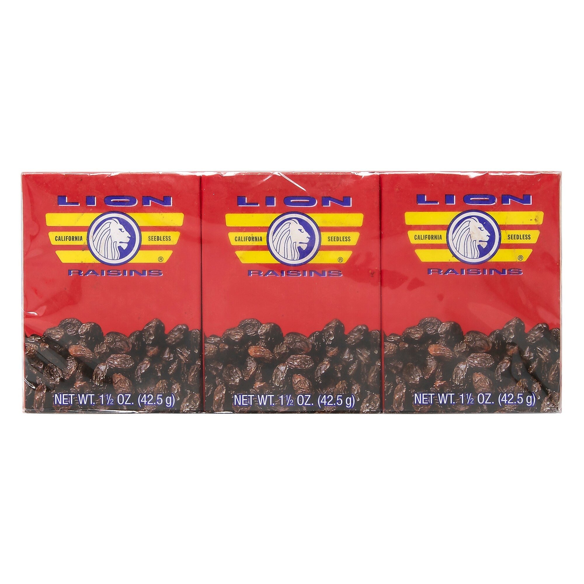 Lion California Seedless Raisins, 1.5 oz., 3 Packs/Box, 36/Pack