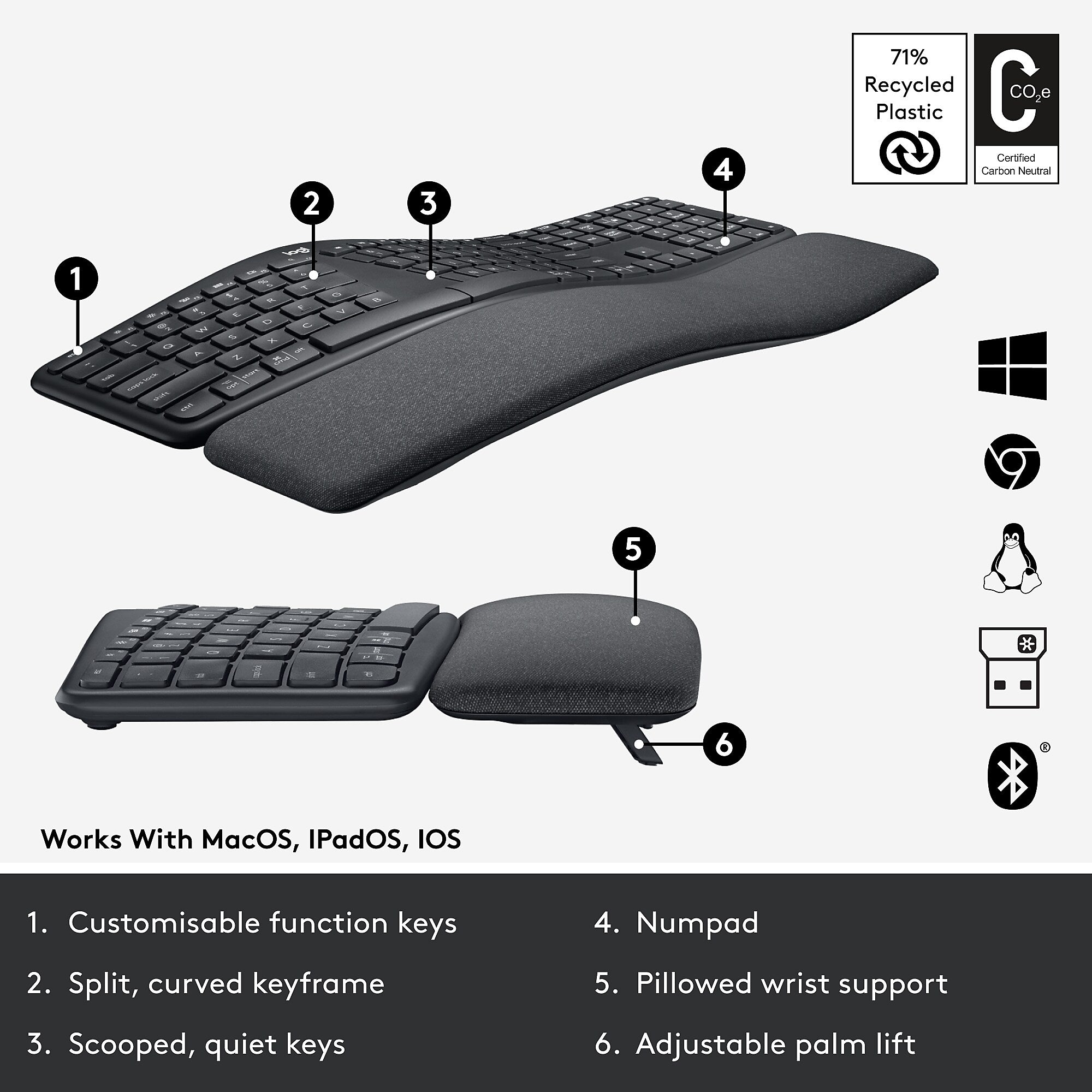 Logitech ERGO K860 Wireless Keyboard, Graphite