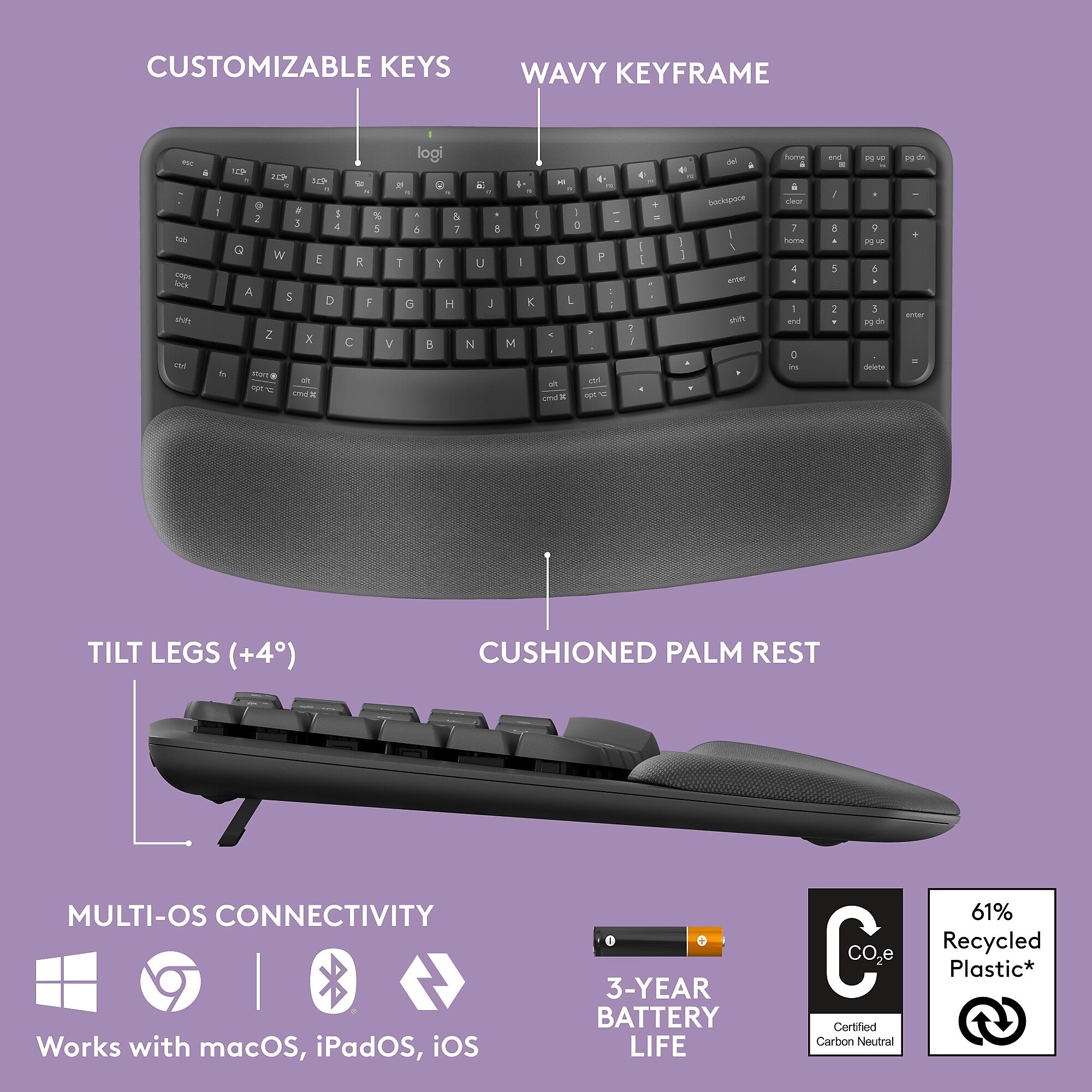 Logitech Ergo Series Wave Keys Wireless Ergonomic Keyboard, Graphite