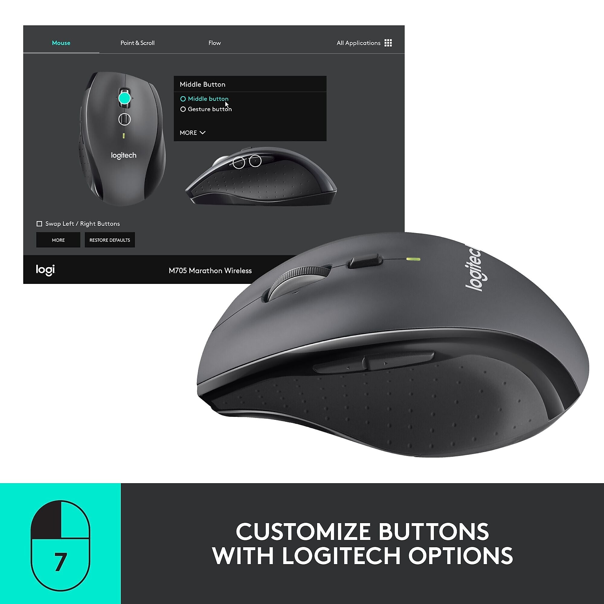 Logitech Marathon Wireless Optical USB Mouse, Charcoal