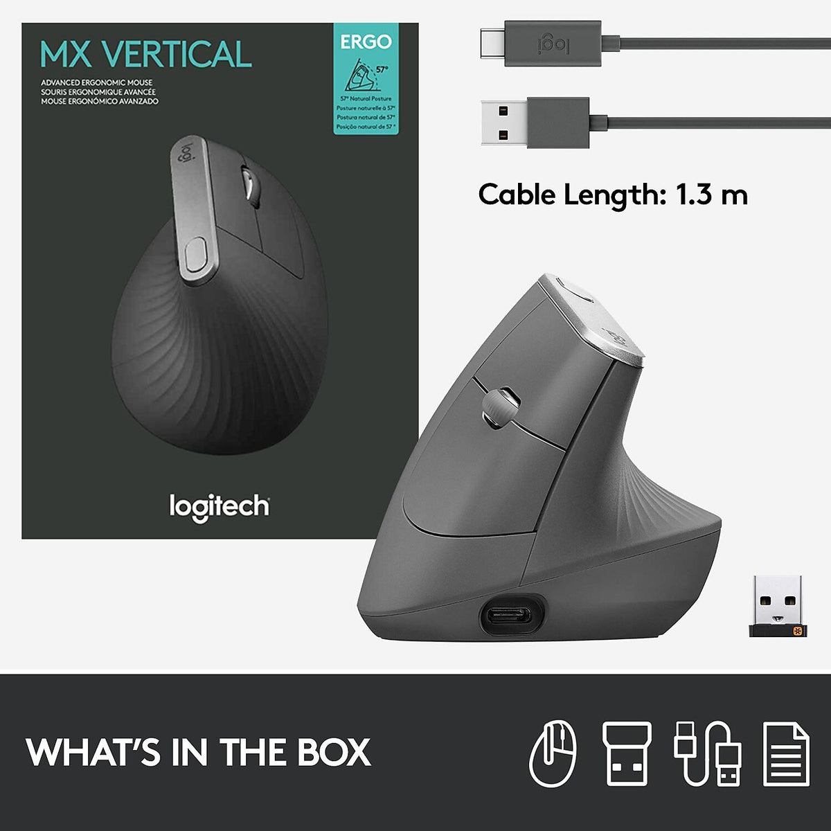 Logitech MX Advanced Ergonomic Vertical Wireless USB Mouse, Graphite