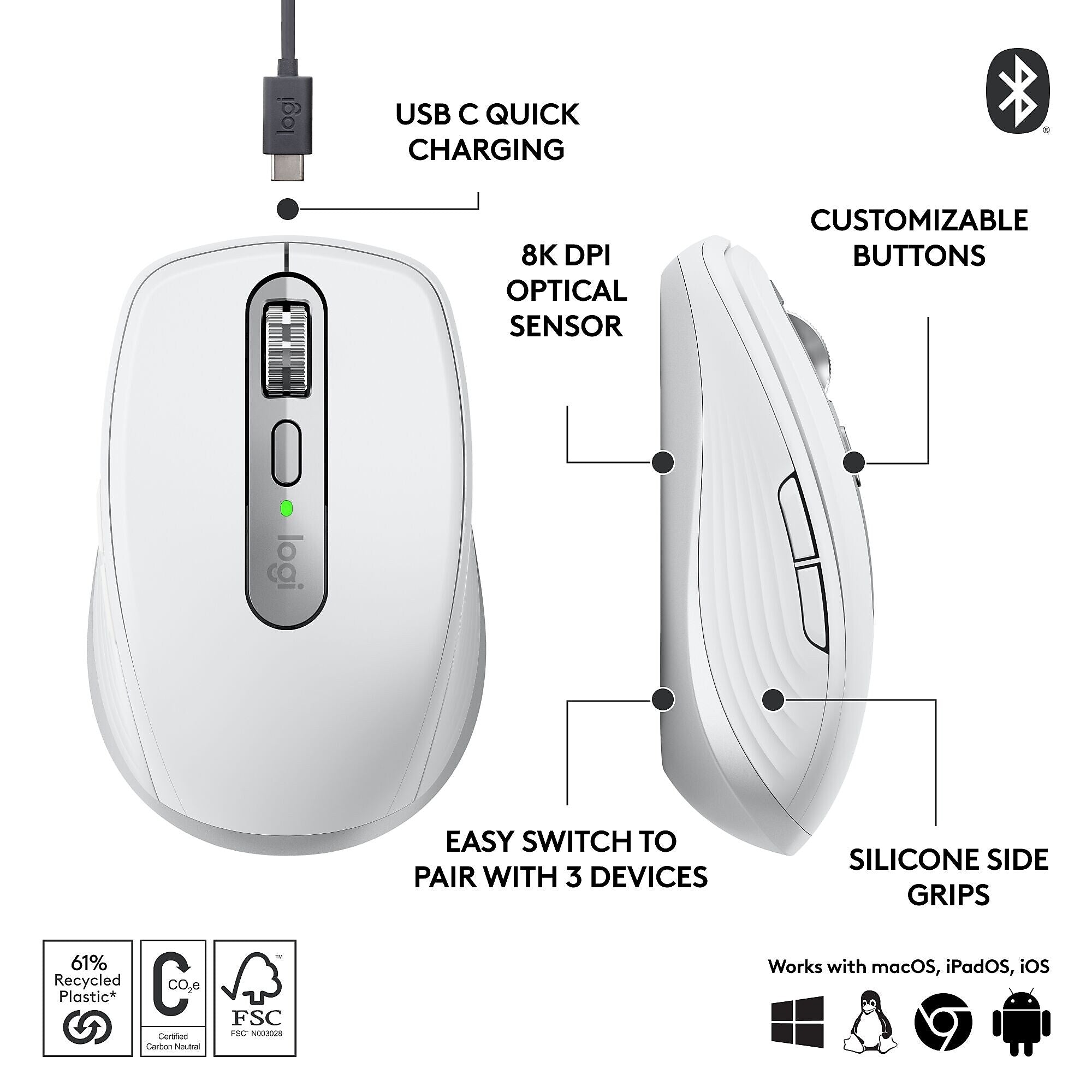 Logitech MX Anywhere 3S Wireless Optical Mouse, Pale Gray