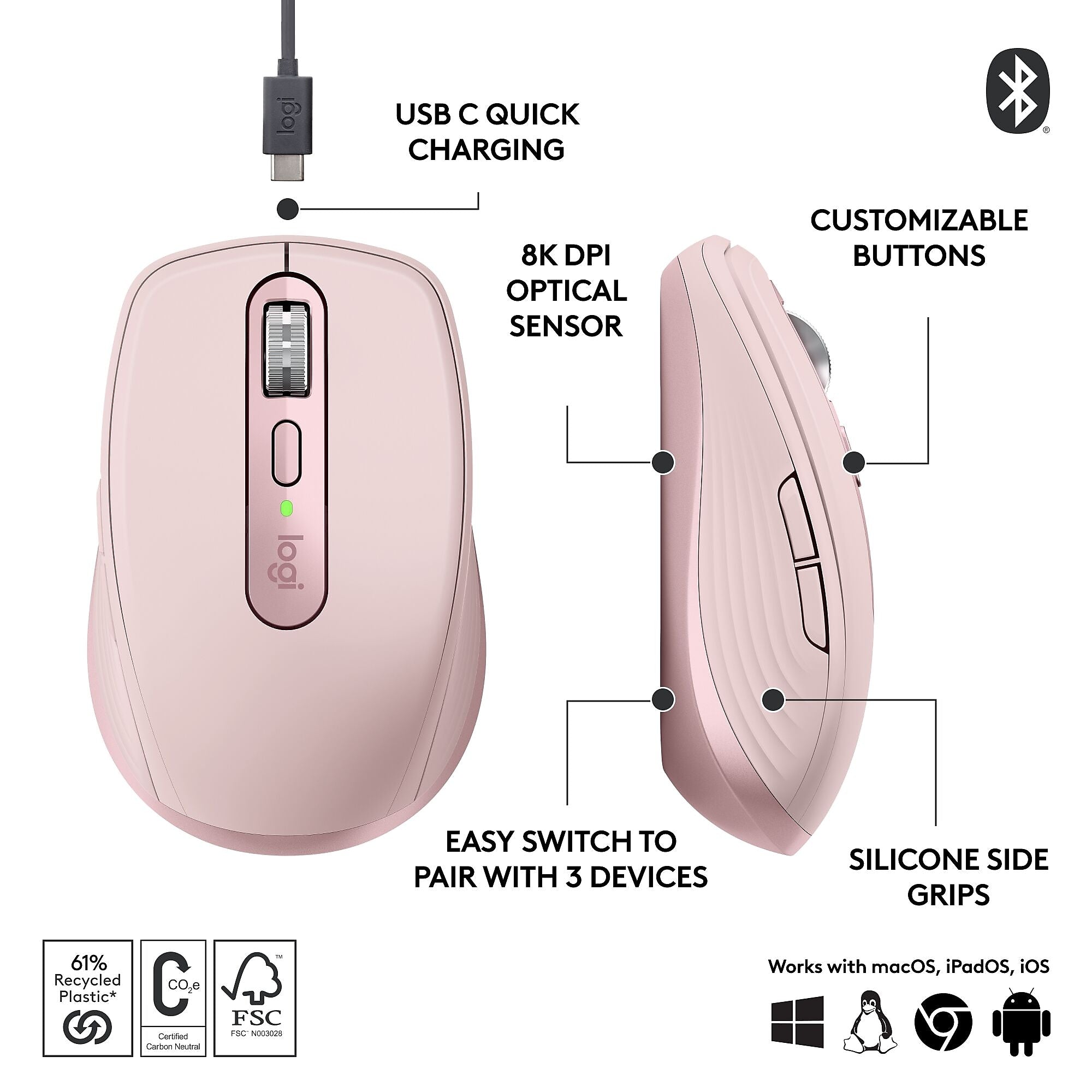 Logitech MX Anywhere 3S Wireless Optical Mouse, Rose