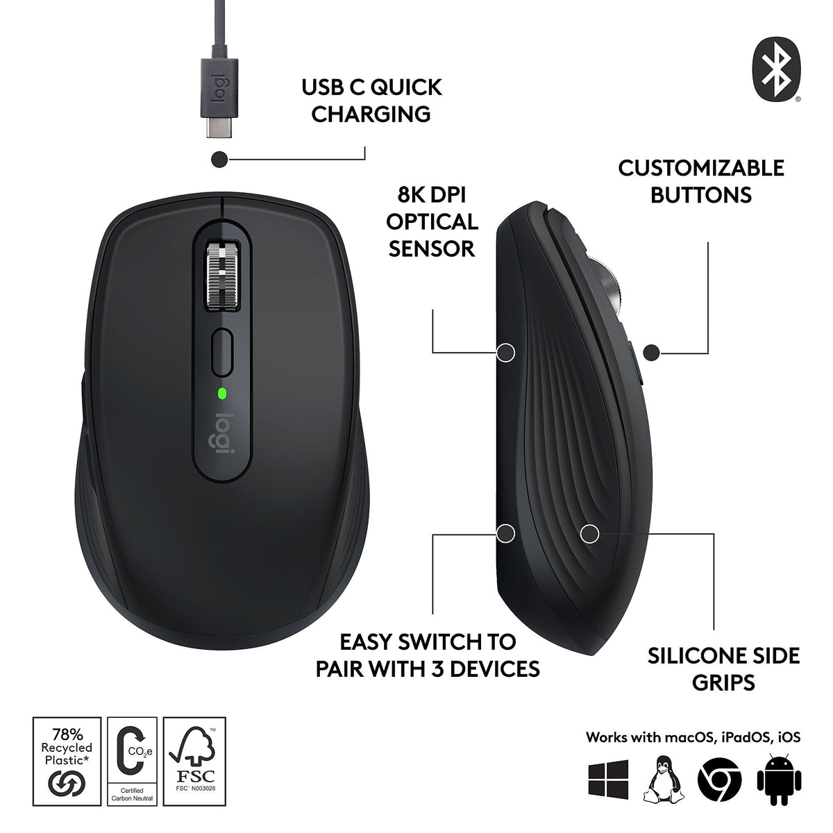 Logitech MX Anywhere 3S Wireless Optical USB Mouse, Black