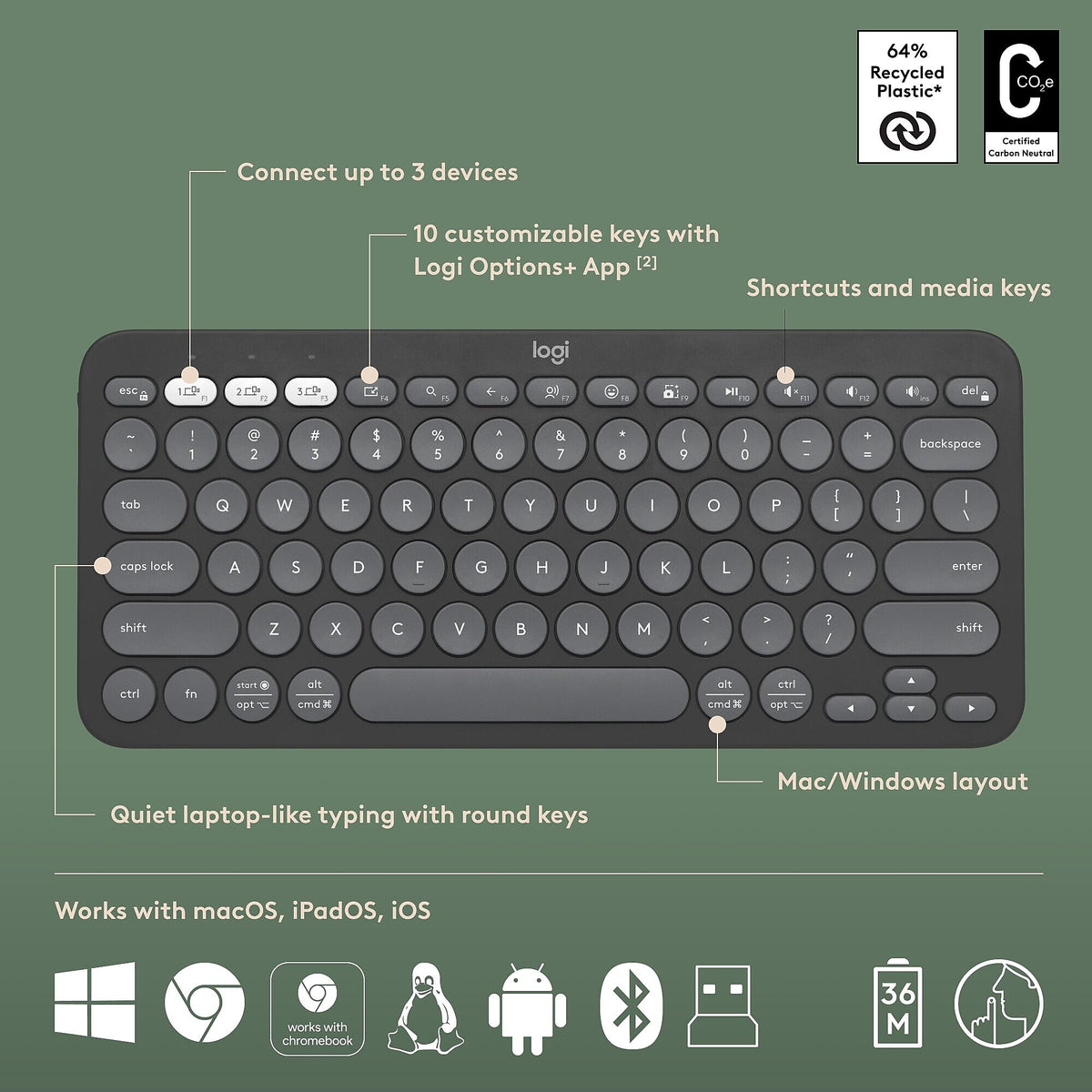 Logitech Pebble 2 Combo Wireless Keyboard and Optical Mouse Combo, Tonal Graphite