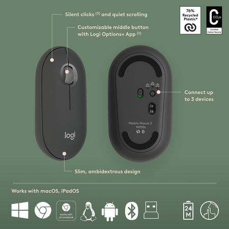 Logitech Pebble 2 Combo Wireless Keyboard and Optical Mouse Combo, Tonal Graphite