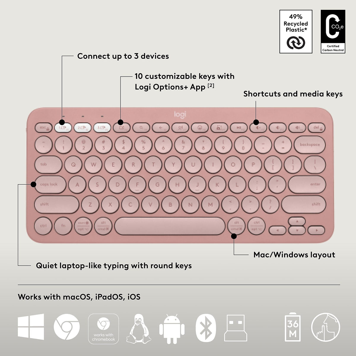 Logitech Pebble 2 Wireless Mouse Keyboard Combo, Tonal Rose