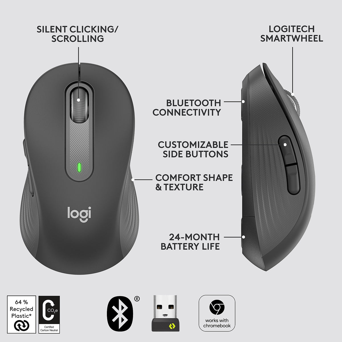 Logitech Signature M650 Wireless Optical USB Mouse, Graphite