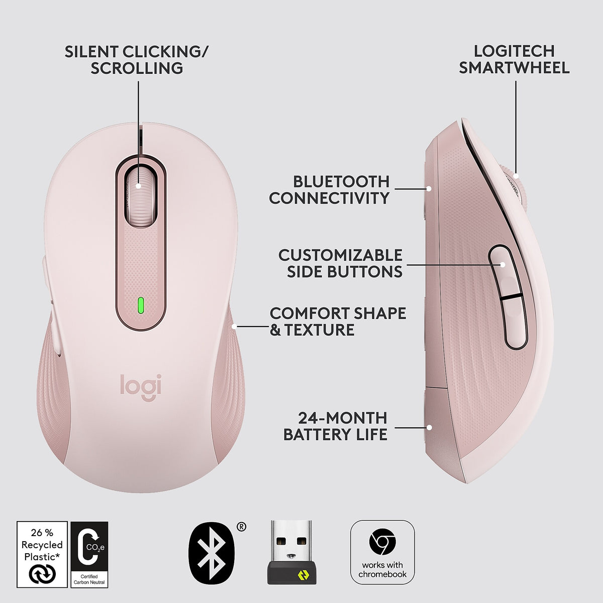 Logitech Signature M650 Wireless Optical USB Mouse, Rose