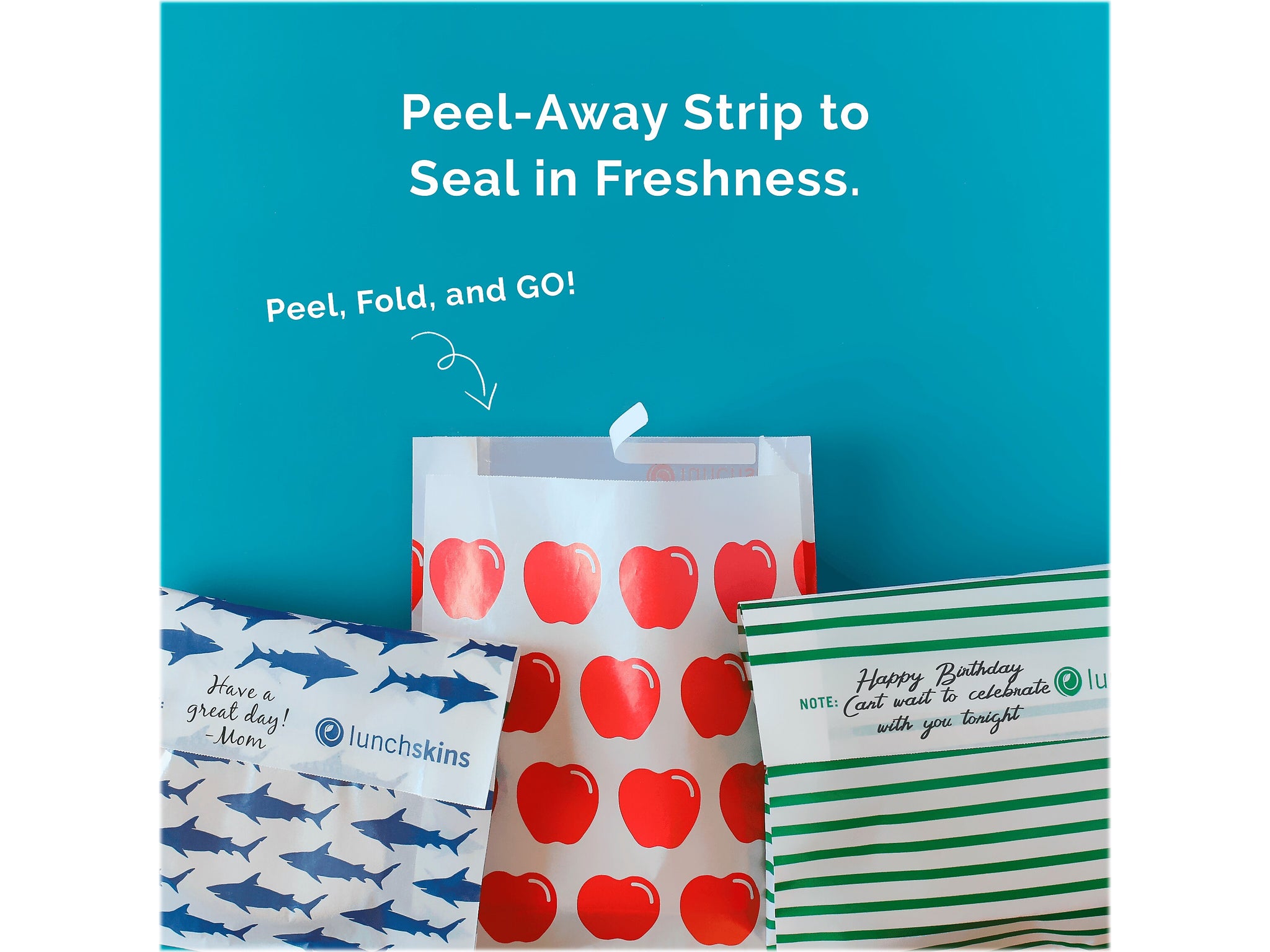 LunchSkins Shark Peel & Seal Sandwich Bag with Closure Strip, White/Blue, 50/Box