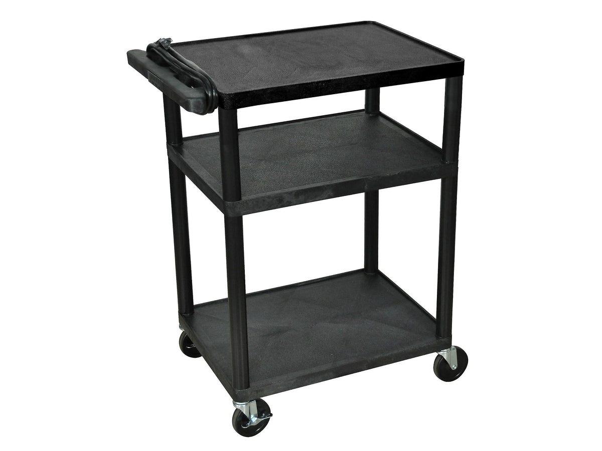 Luxor 3-Shelf Plastic/Poly Mobile A/V Cart with Lockable Wheels, Black