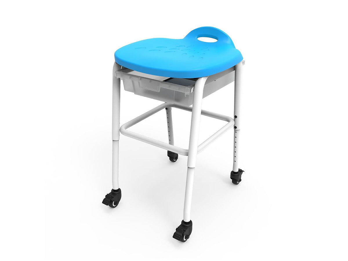 Luxor Plastic/Steel Adjustable-Height Classroom Stool with Wheels and Storage, Blue/White