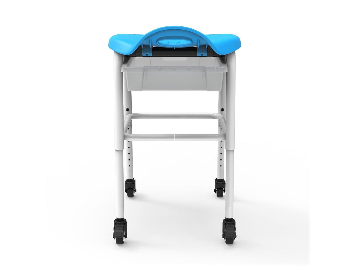 Luxor Plastic/Steel Adjustable-Height Classroom Stool with Wheels and Storage, Blue/White